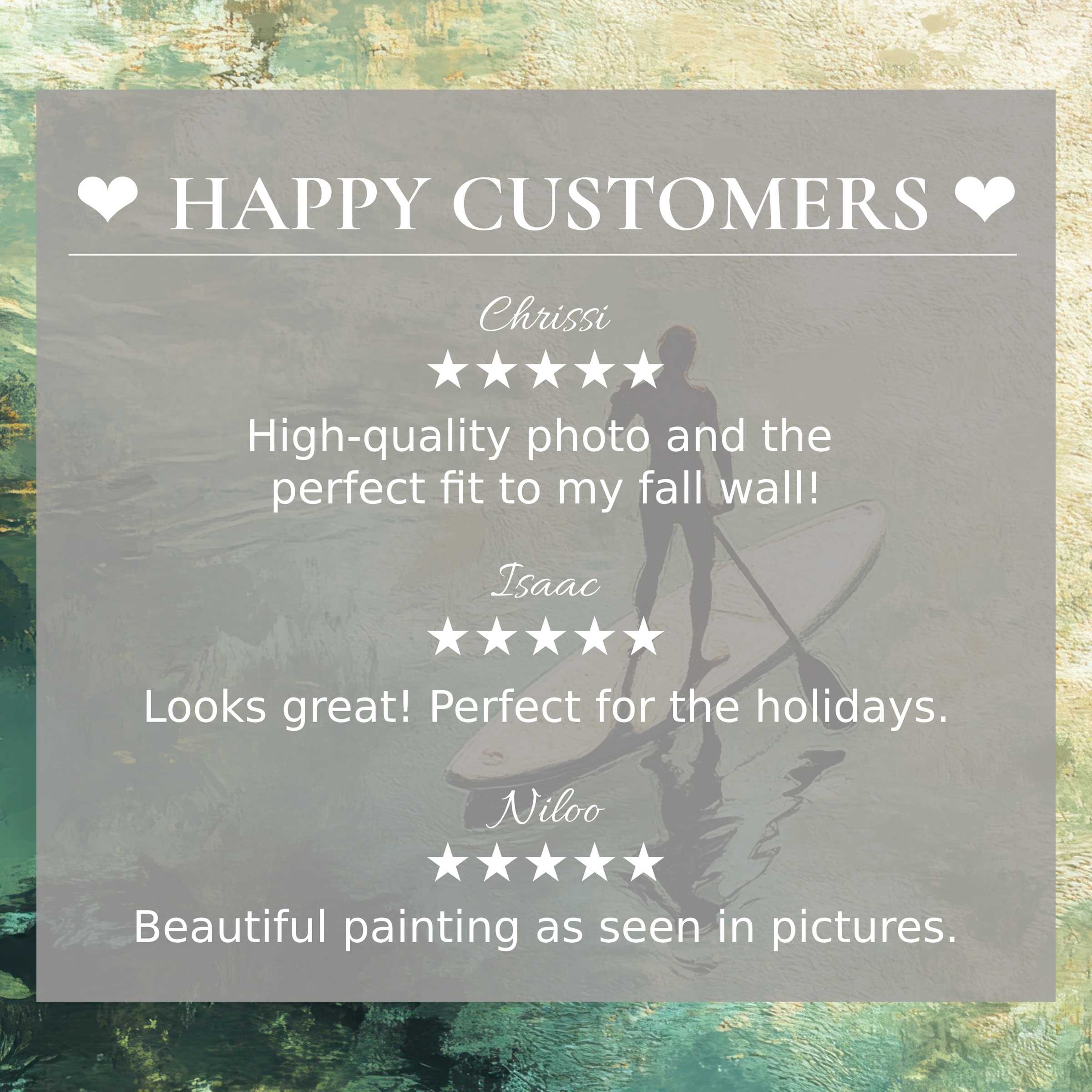 Beach art for Frame TV with abstract ocean hues, showcasing happy customer reviews and refined, trustworthy design