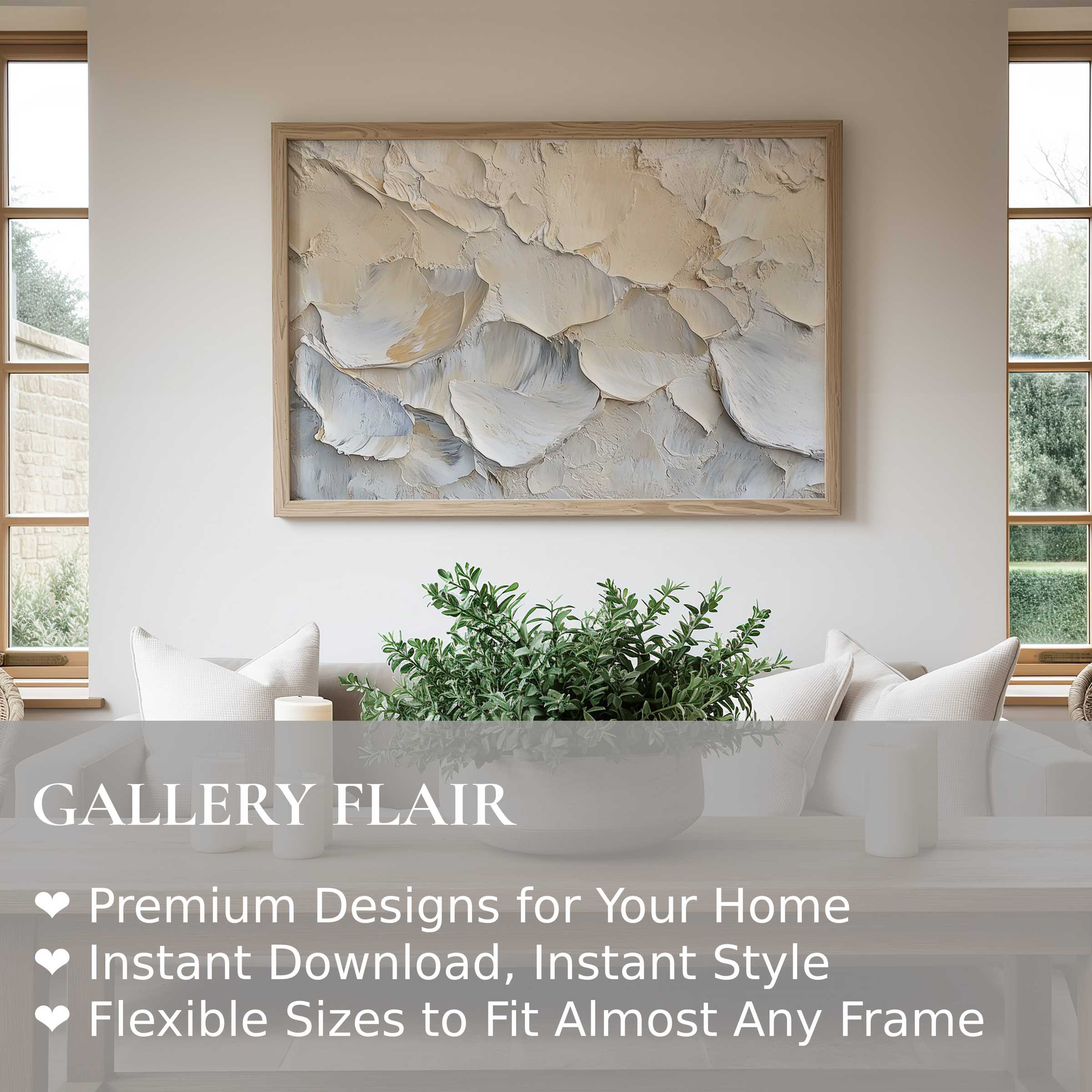 Coastal wall art print with soft, sculptural textures in neutral hues, enhancing serene, modern minimalist interiors with radiant calm