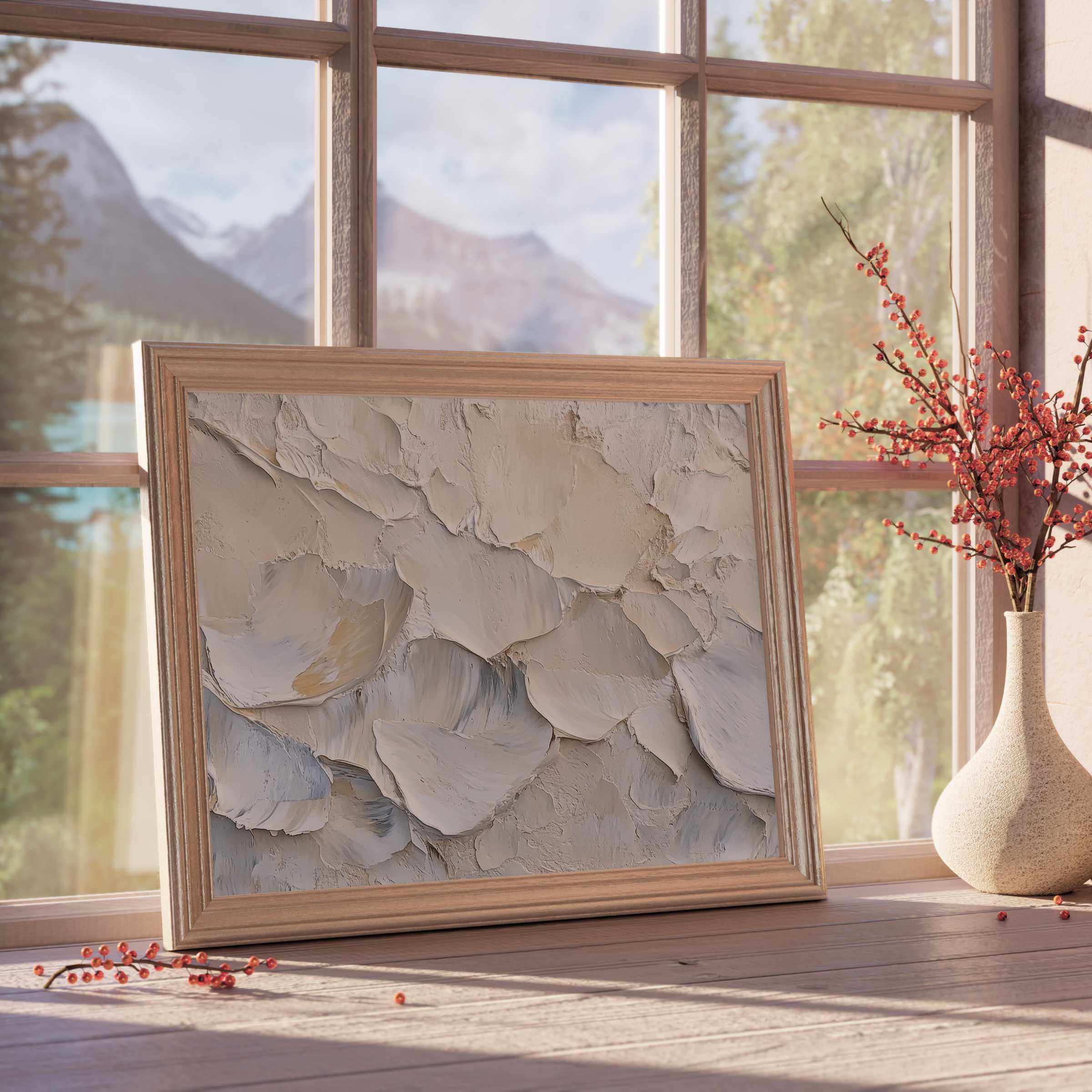 Coastal downloadable art with textured seashell hues, framing serene, sunlit spaces for tranquil, curated home sanctuaries