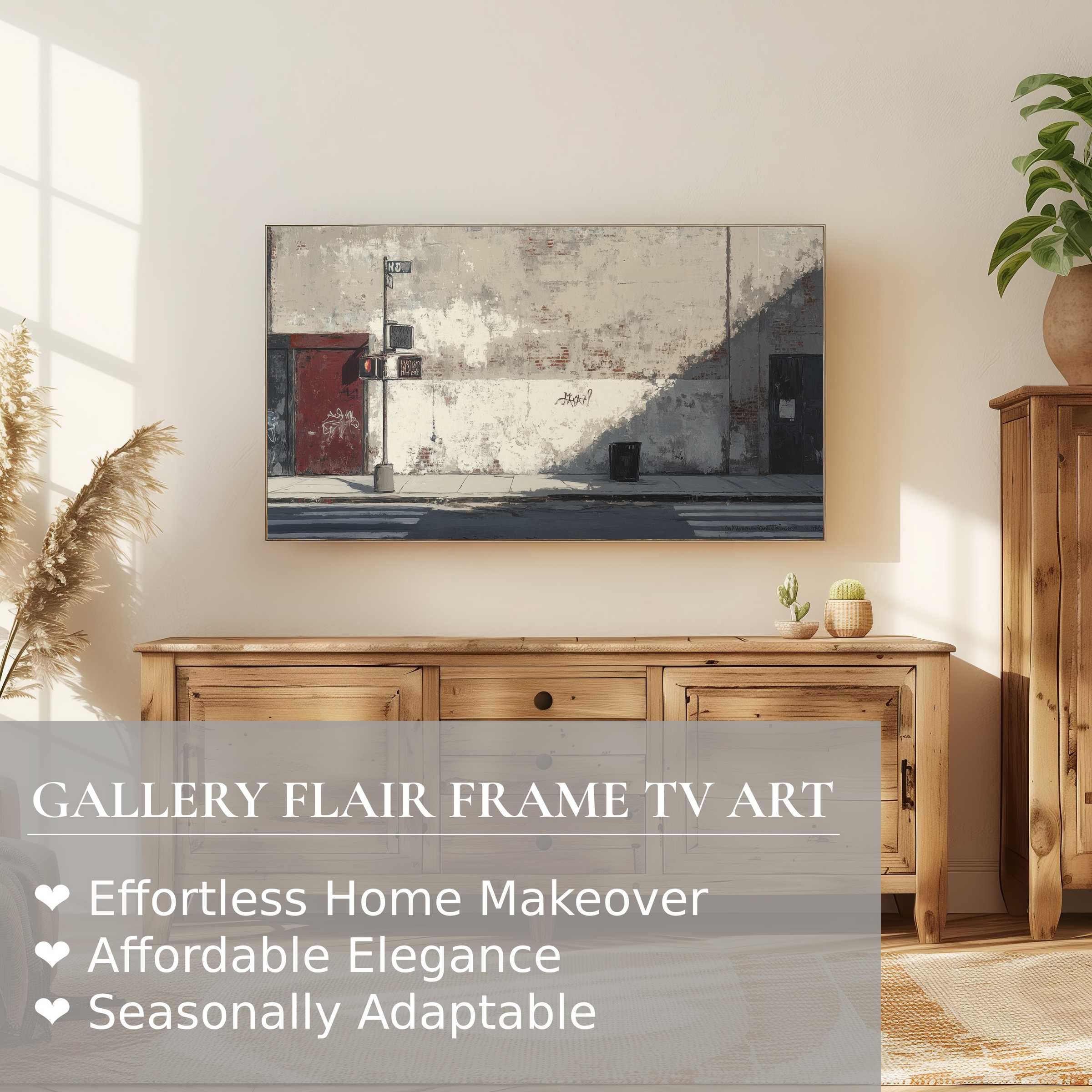 Samsung Frame TV displays urban digital artwork with muted tones in a sunlit, elegant modern living space