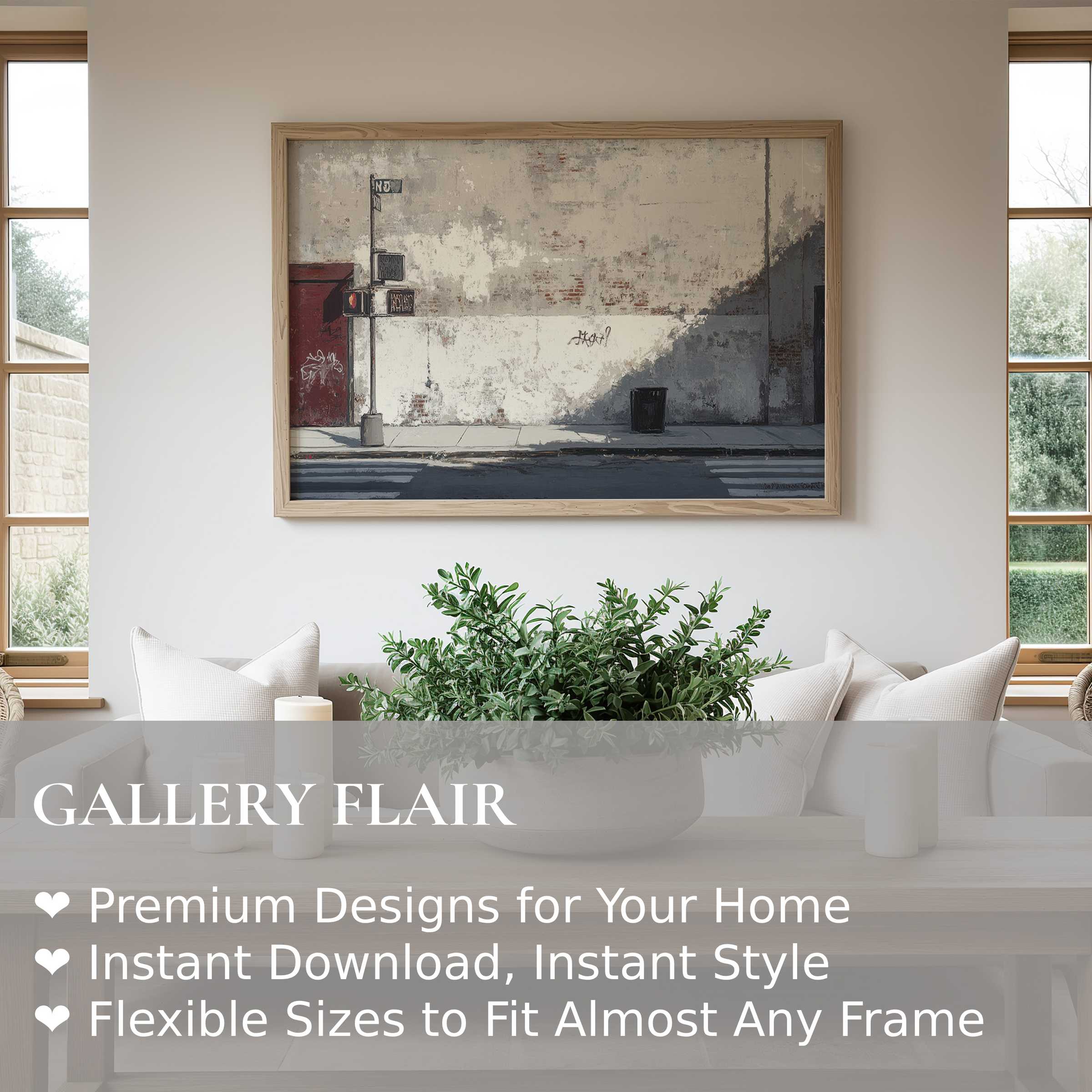 Urban art wall art print featuring a textured city street corner in muted tones, adding bold, contemporary edge to minimalist interiors