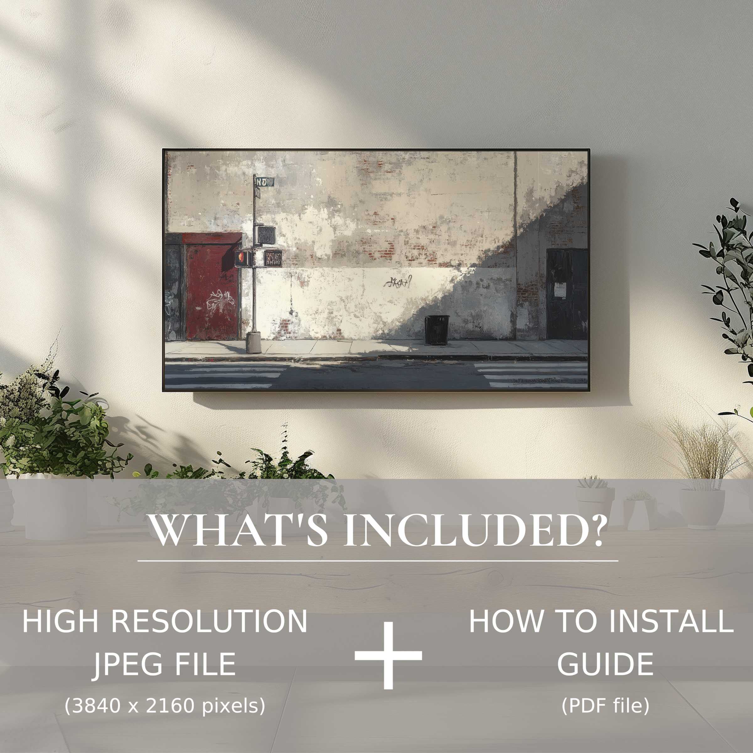 Urban digital TV art download showcasing minimalist street scenes, enhancing spaces with easy digital elegance and charm