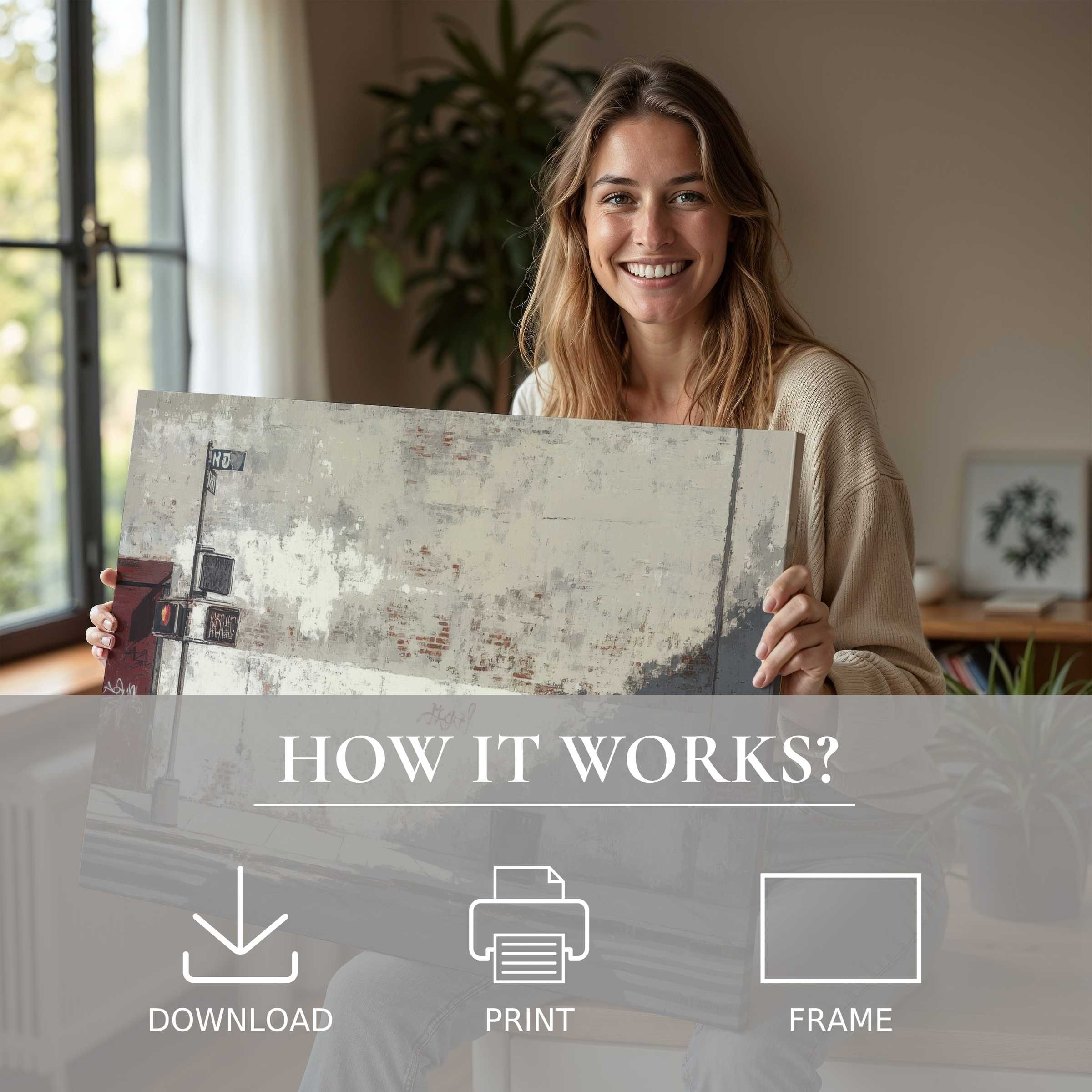 A woman radiates warmth and pride in her modern living room, embracing an urban digital art print that transforms space with serene, textured tones