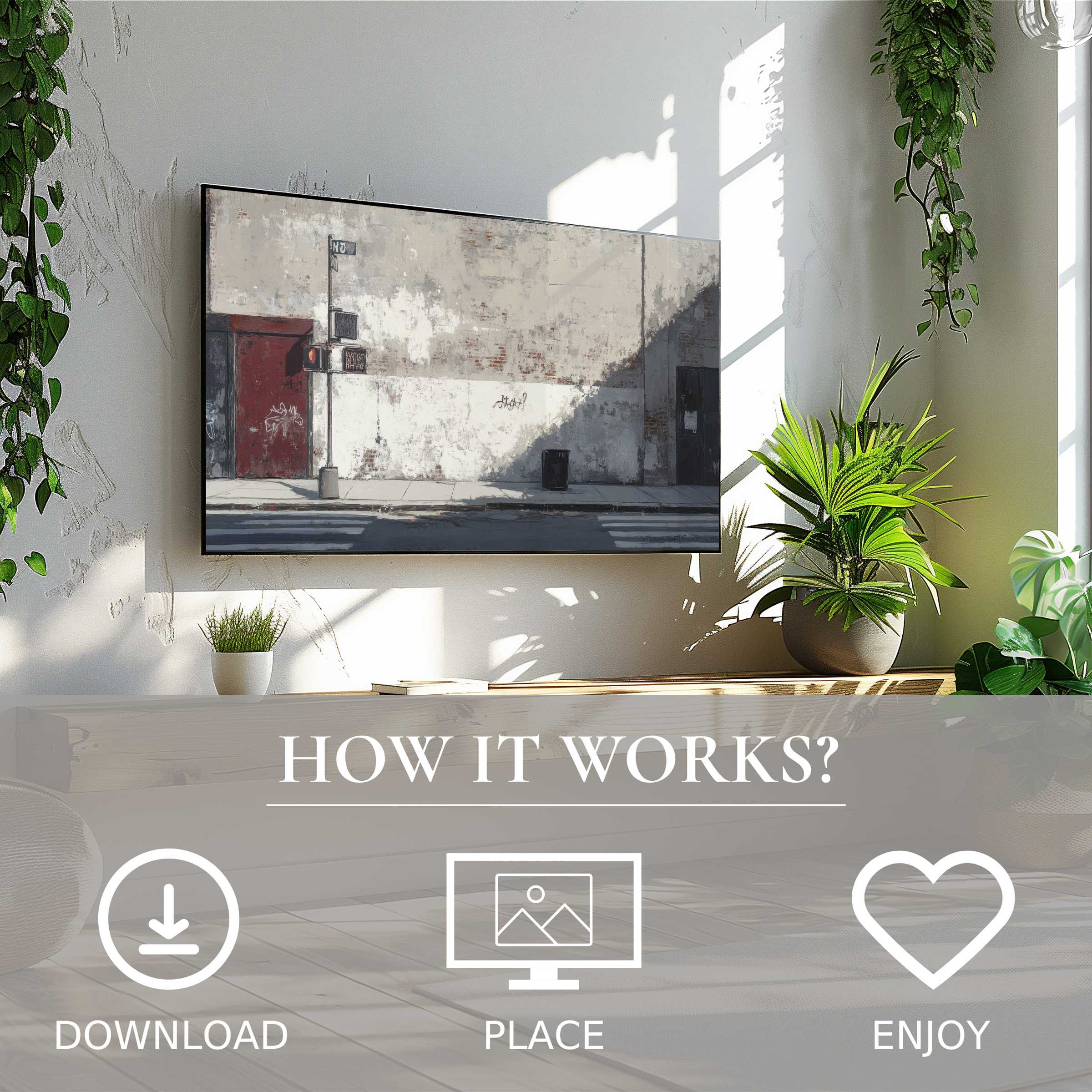 Bright living room with plants showcasing urban art for Samsung TV; easy digital download, adds raw city vibe and charm