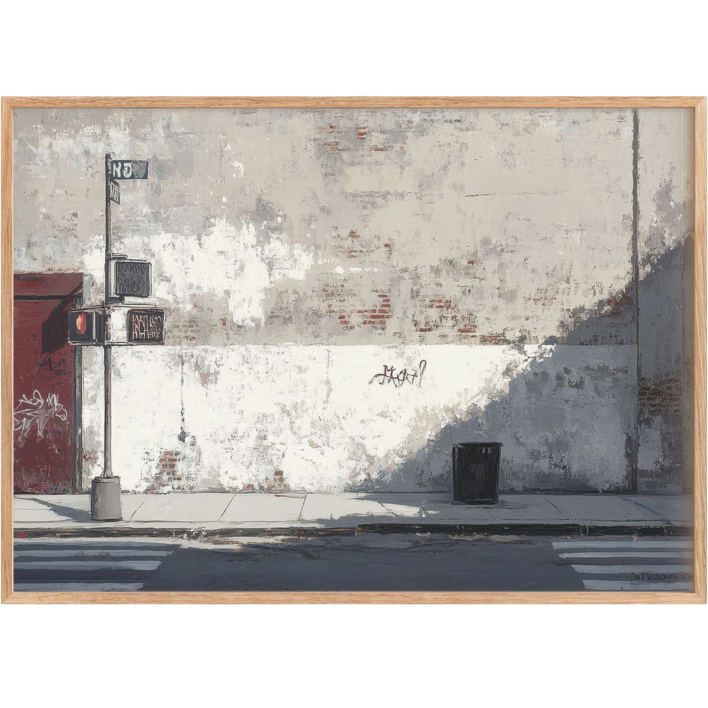 Urban printable wall art capturing serene city stillness with soft grays, muted reds, and textured light, evoking quiet introspection