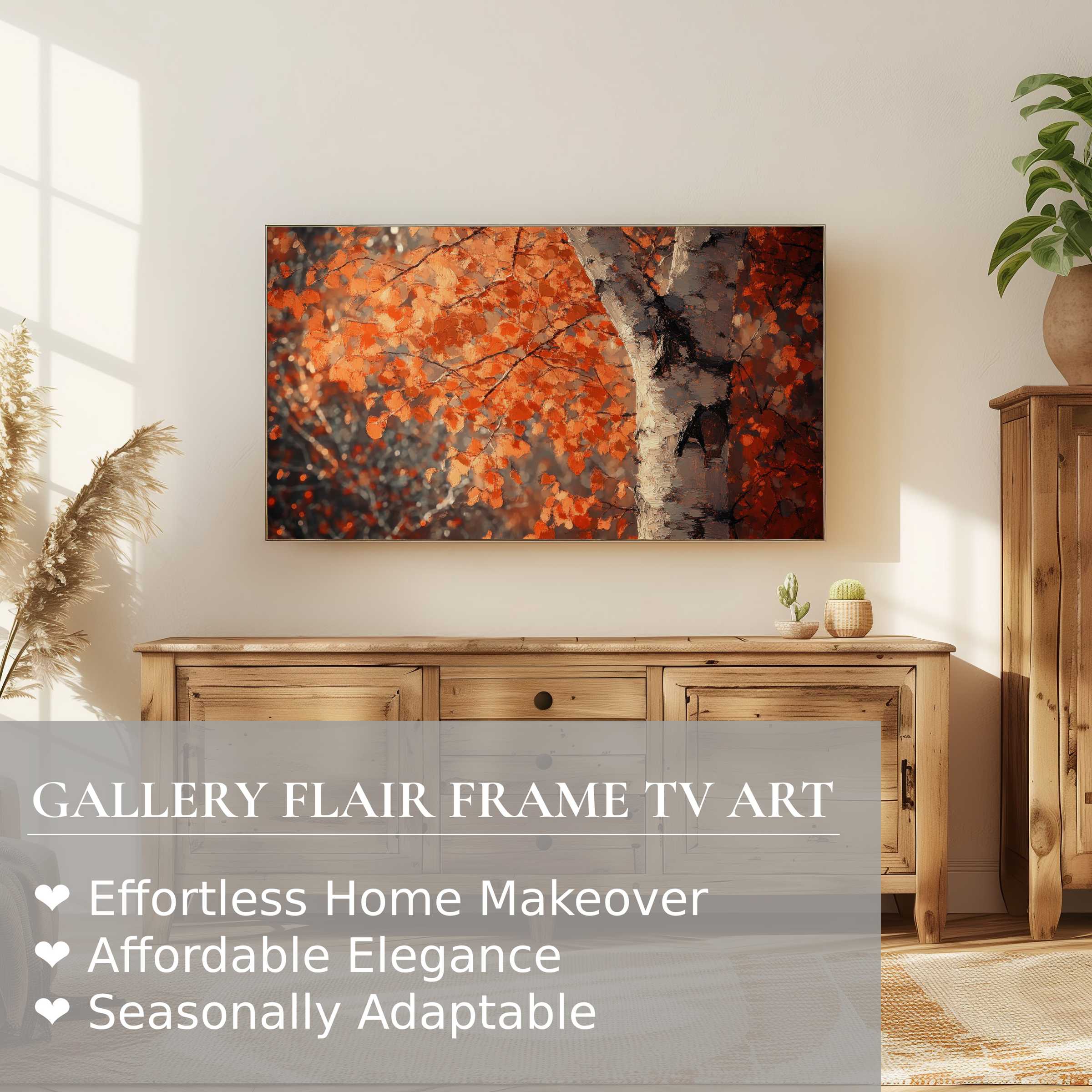 Samsung Frame TV displaying warm tree digital artwork in a modern, sunlit room with natural wooden decor