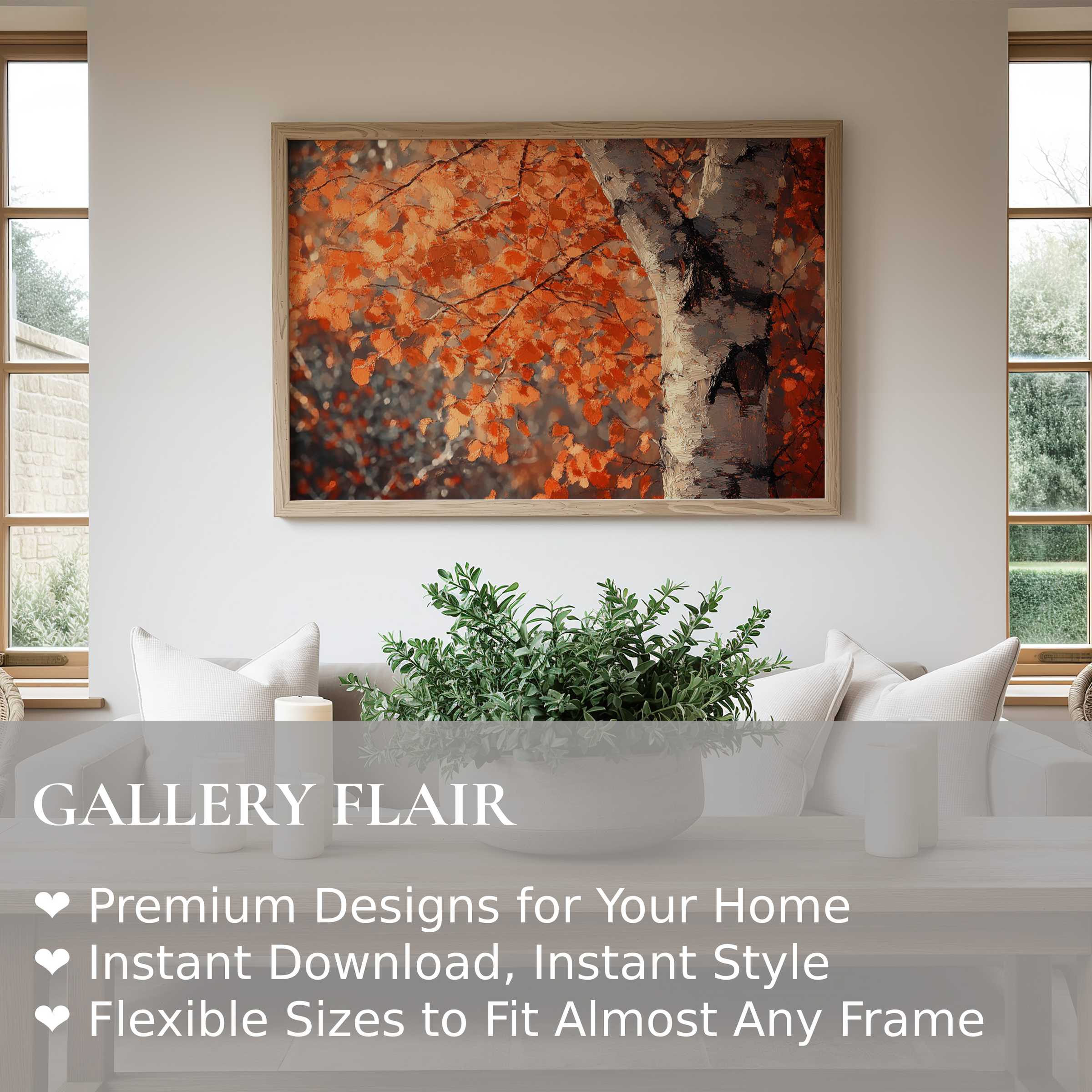 Tree wall art print featuring radiant autumnal foliage and a textured birch trunk, enhancing modern minimalist interiors with warm, natural elegance