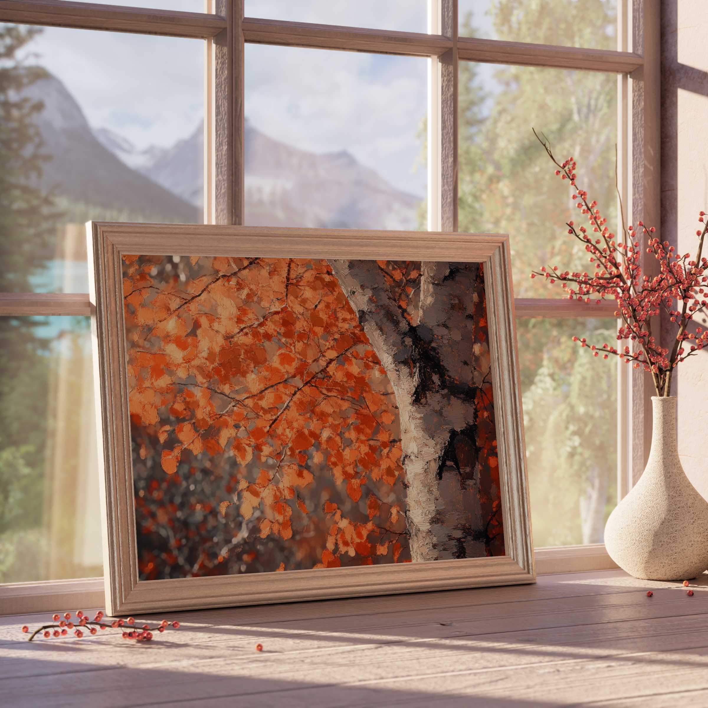 Warm, tranquil tree downloadable art with vibrant autumn leaves, enhancing curated, stylish interiors with nature-inspired elegance