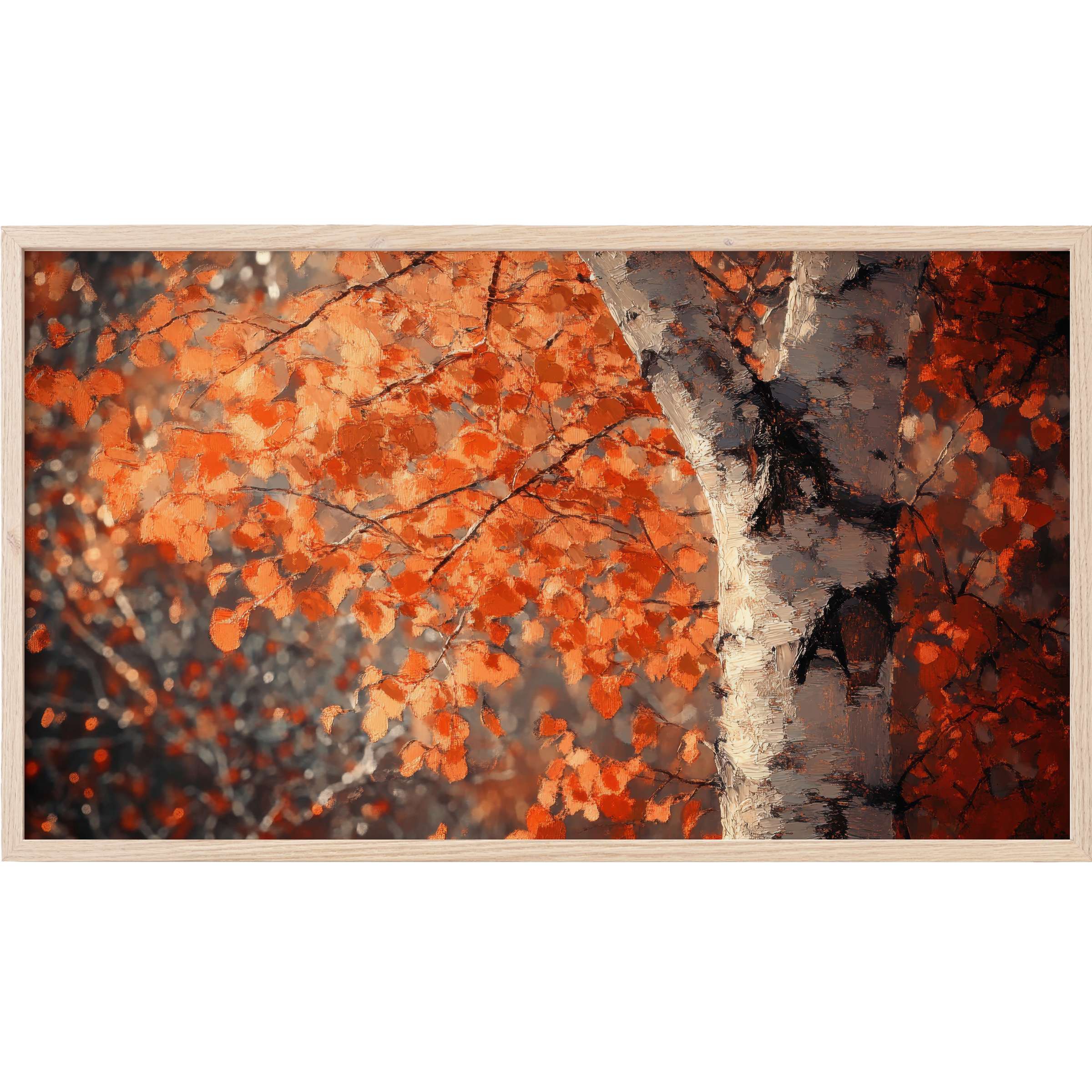 Vibrant autumnal hues with rich orange leaves and textured bark, a serene tree Frame TV Art in modern style
