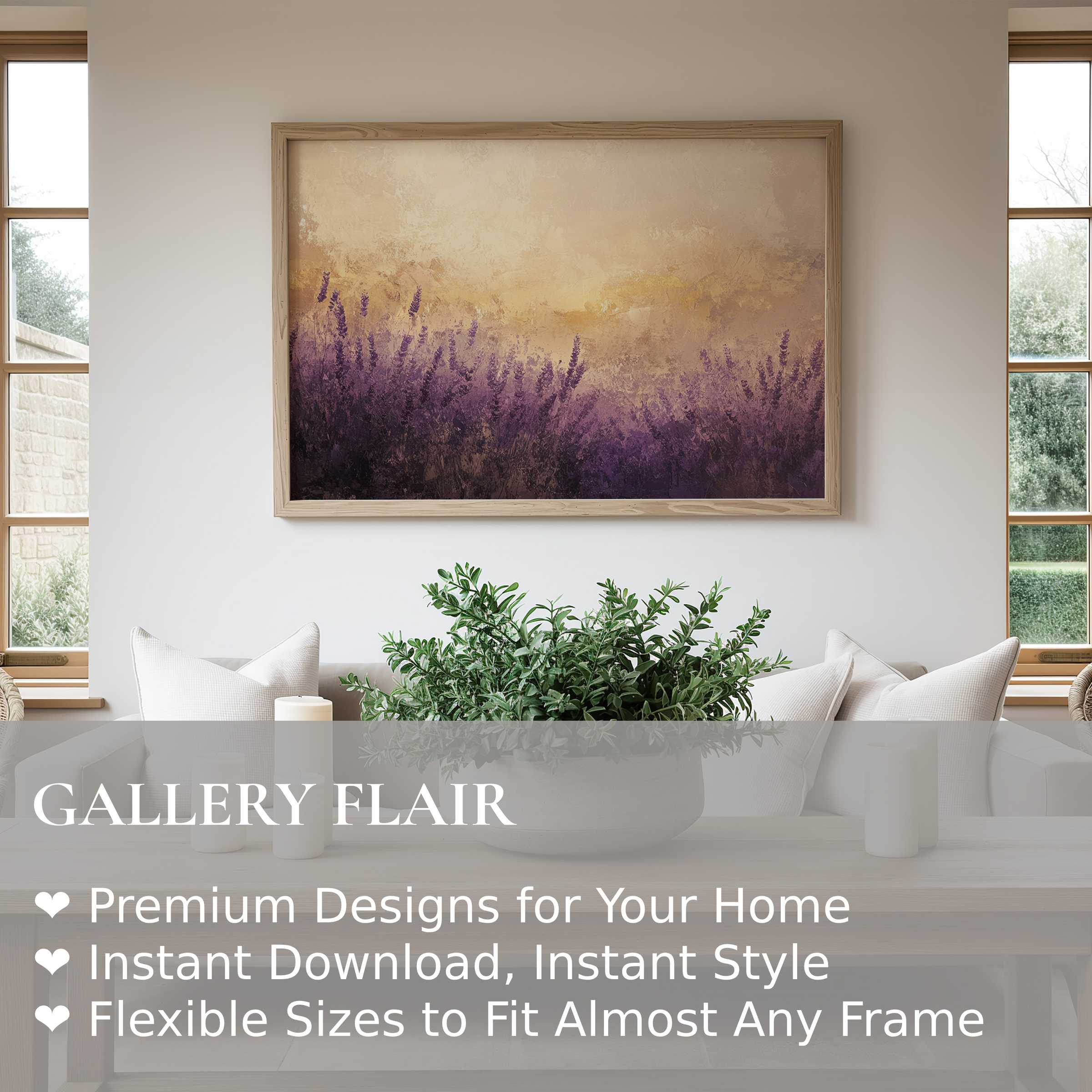 Summer wall art print featuring radiant lavender fields in soft golden light, enhancing modern minimalist interiors with calming, natural elegance