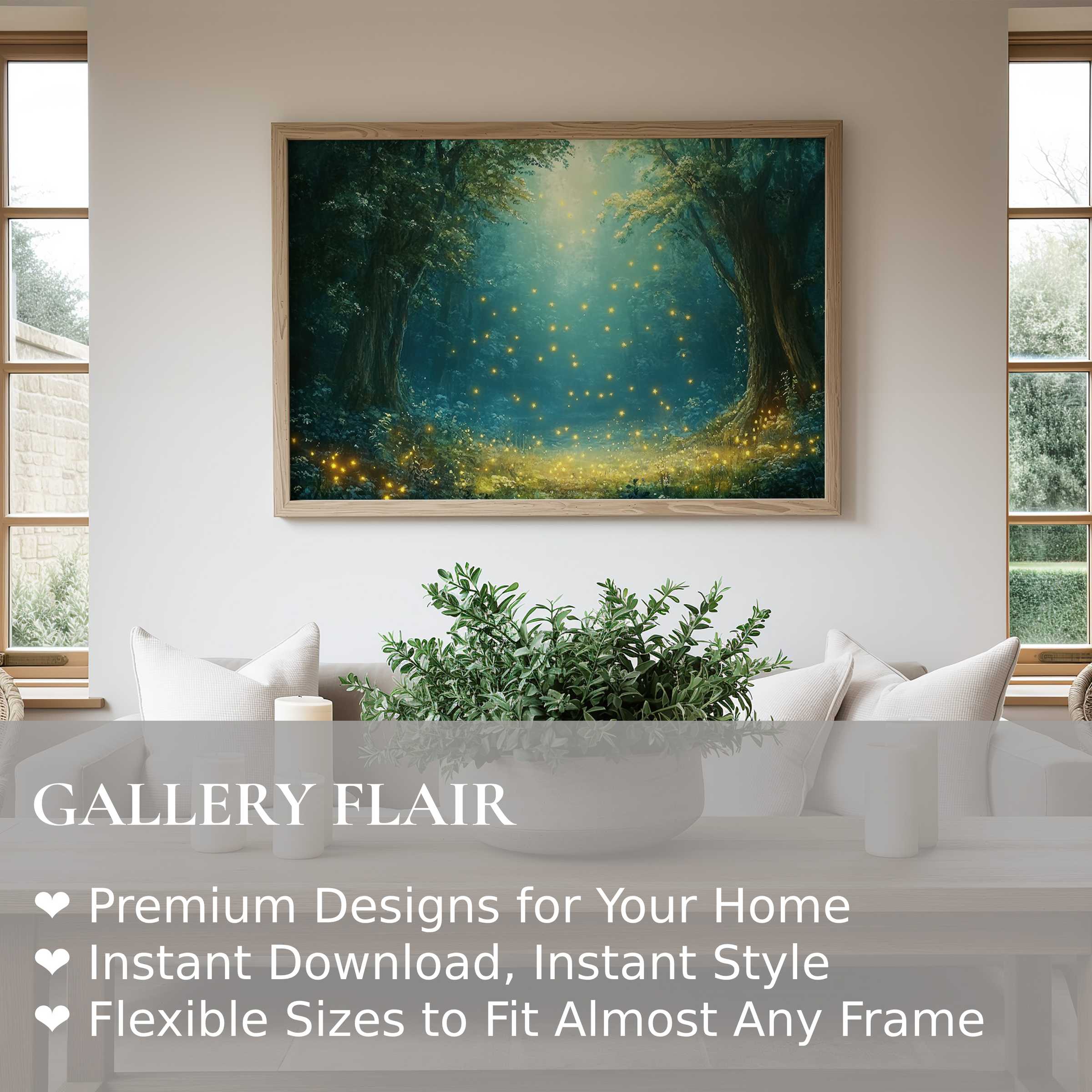 Enchanting nursery wall art print featuring a radiant forest glow with soft fireflies, elevating modern, serene nursery decor