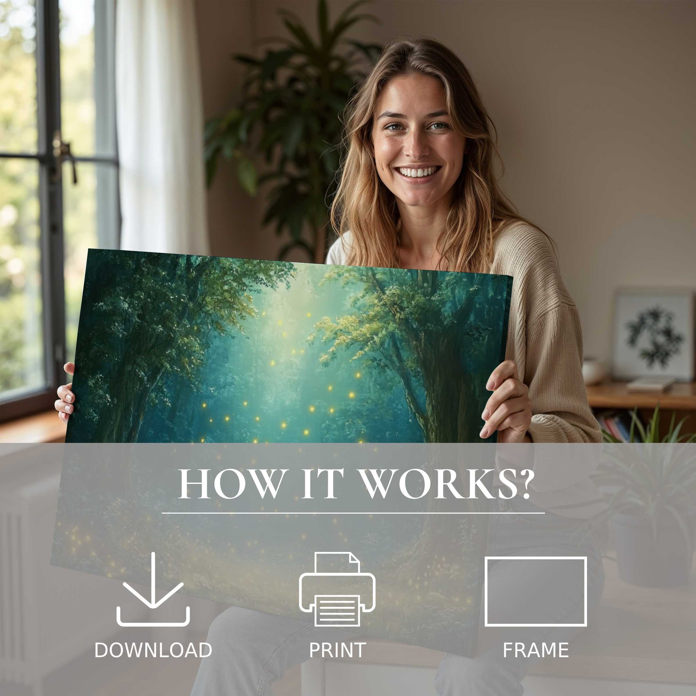 A serene moment captured as a woman embraces a nursery digital art print, blending tranquil forest tones with effortless, elegant home transformation