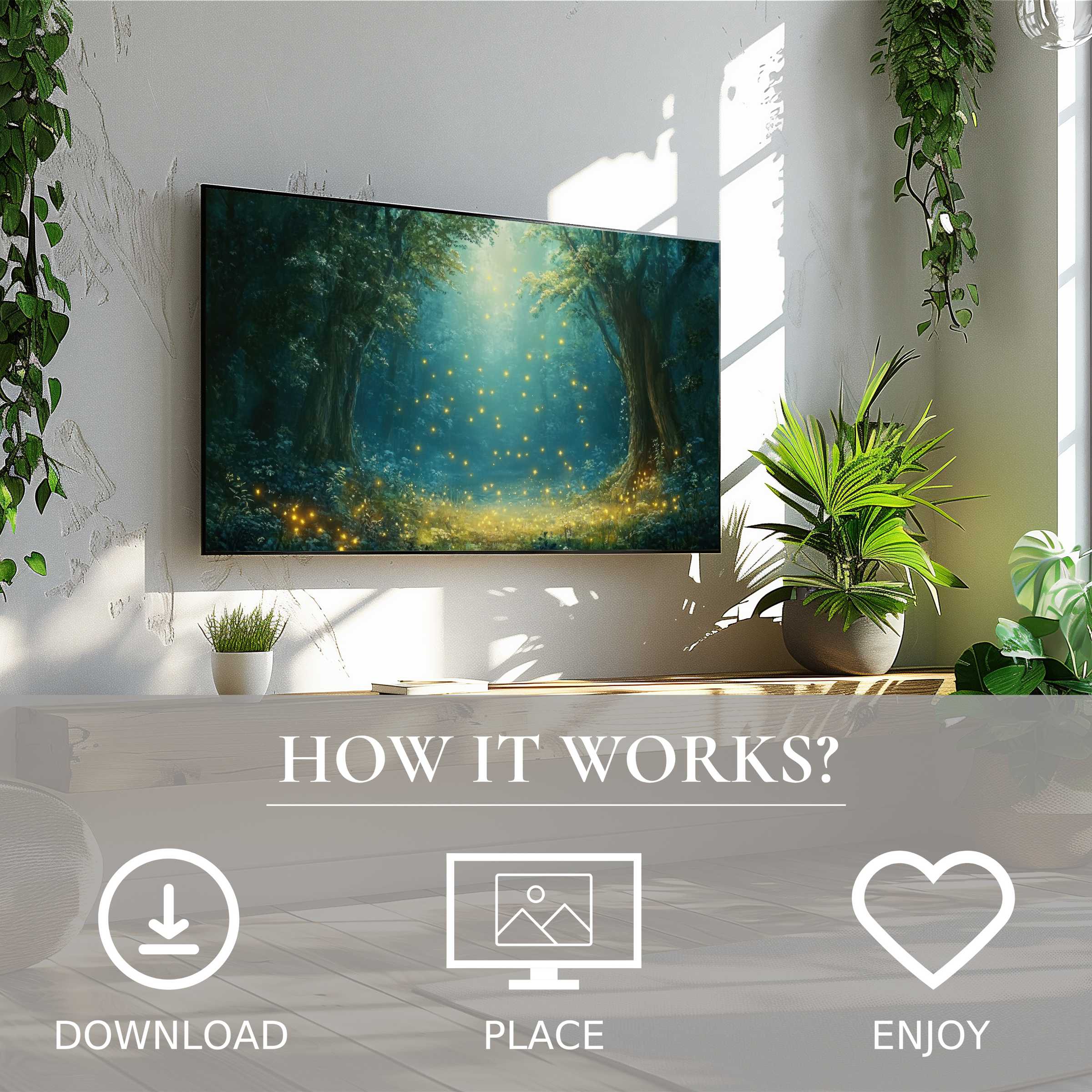 Modern nursery art for Samsung TV with glowing forest motif, easy digital download enriches calm, green living spaces