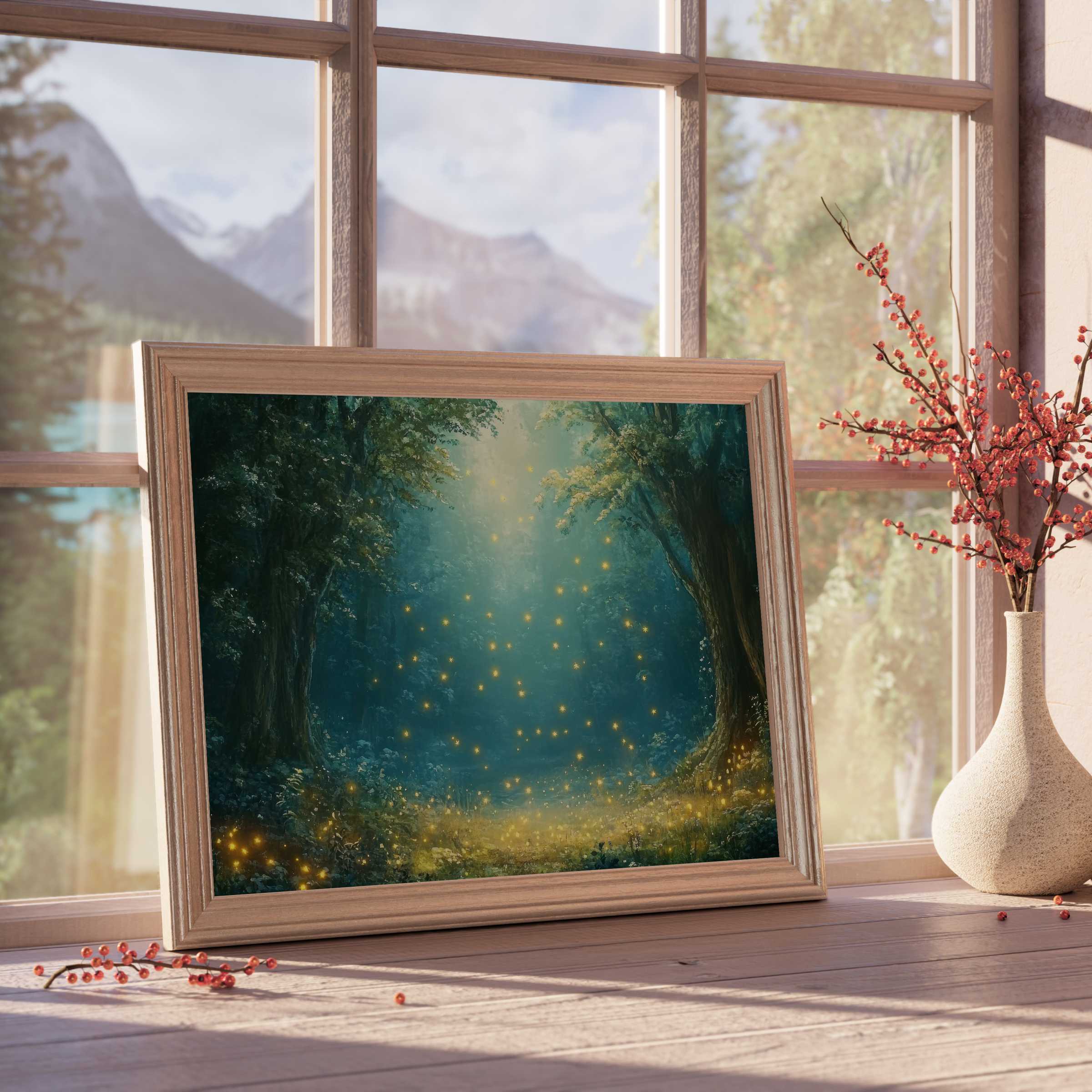 Enchanted nursery downloadable art glowing with warm fireflies, perfect for curated, tranquil, design-forward kids’ rooms