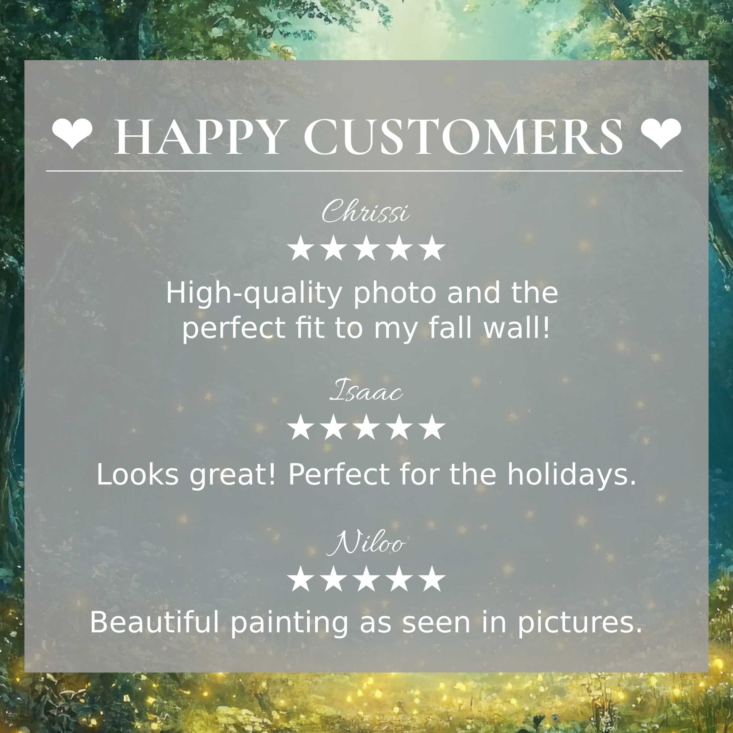 Nursery art for Frame TV with a lush green forest background; happy customer reviews build elegant trust