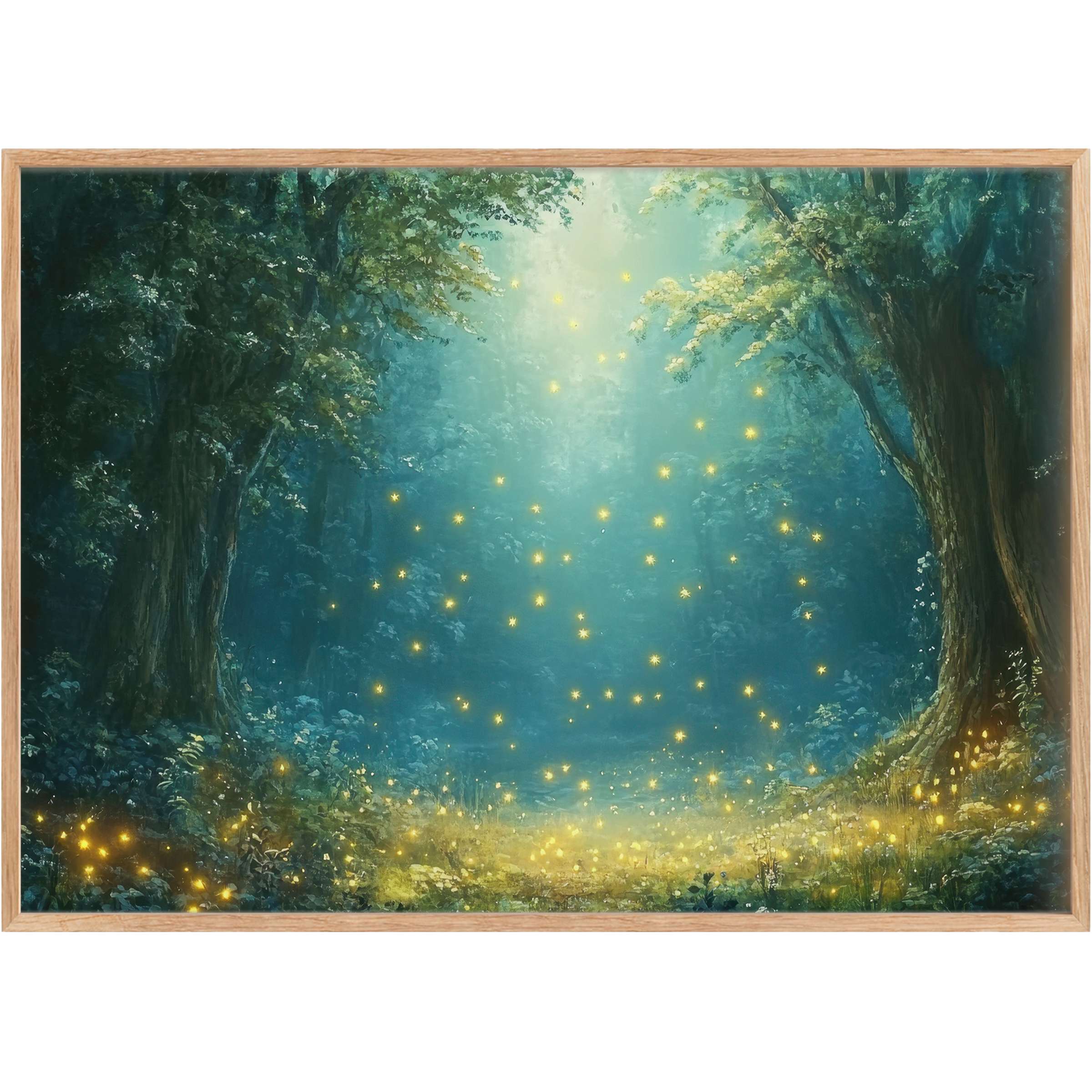 Enchanting nursery printable wall art capturing a radiant forest glow with soft teal hues and golden fireflies, evoking serene wonder