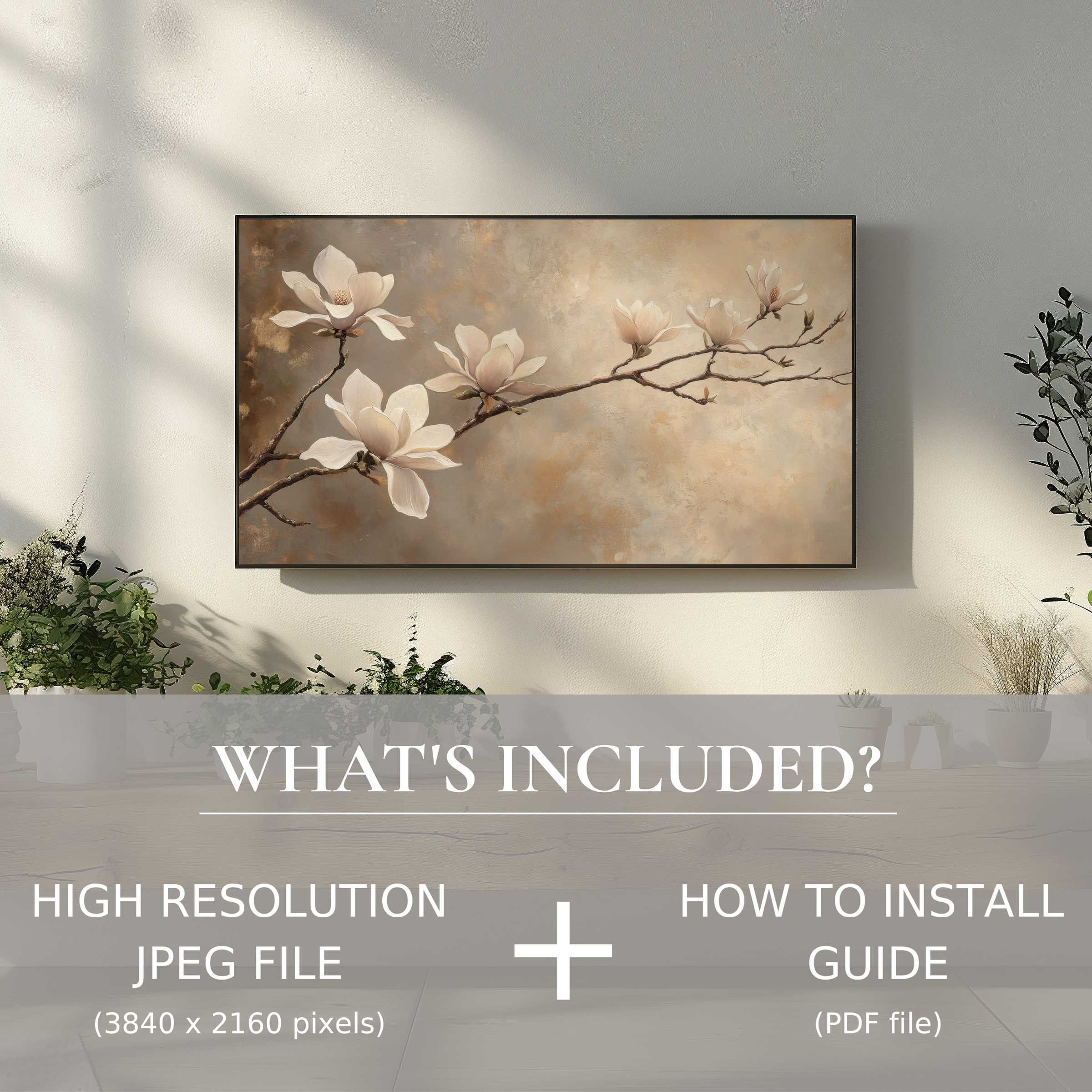 Elegant floral digital TV art download in serene living space, easy digital use enhances modern home décor ambiance