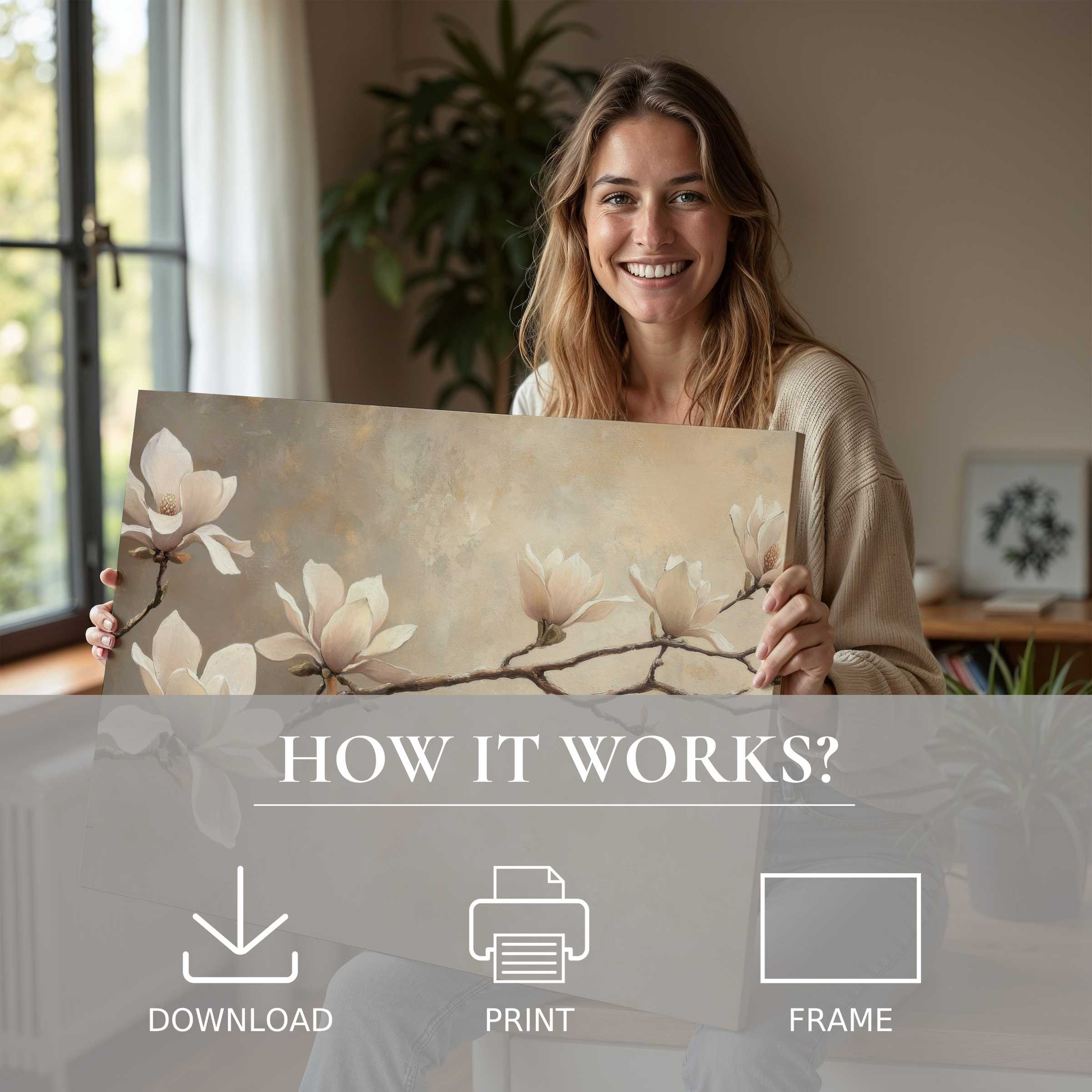 A joyful, serene moment celebrating floral digital art print’s timeless elegance, inviting effortless style in modern living