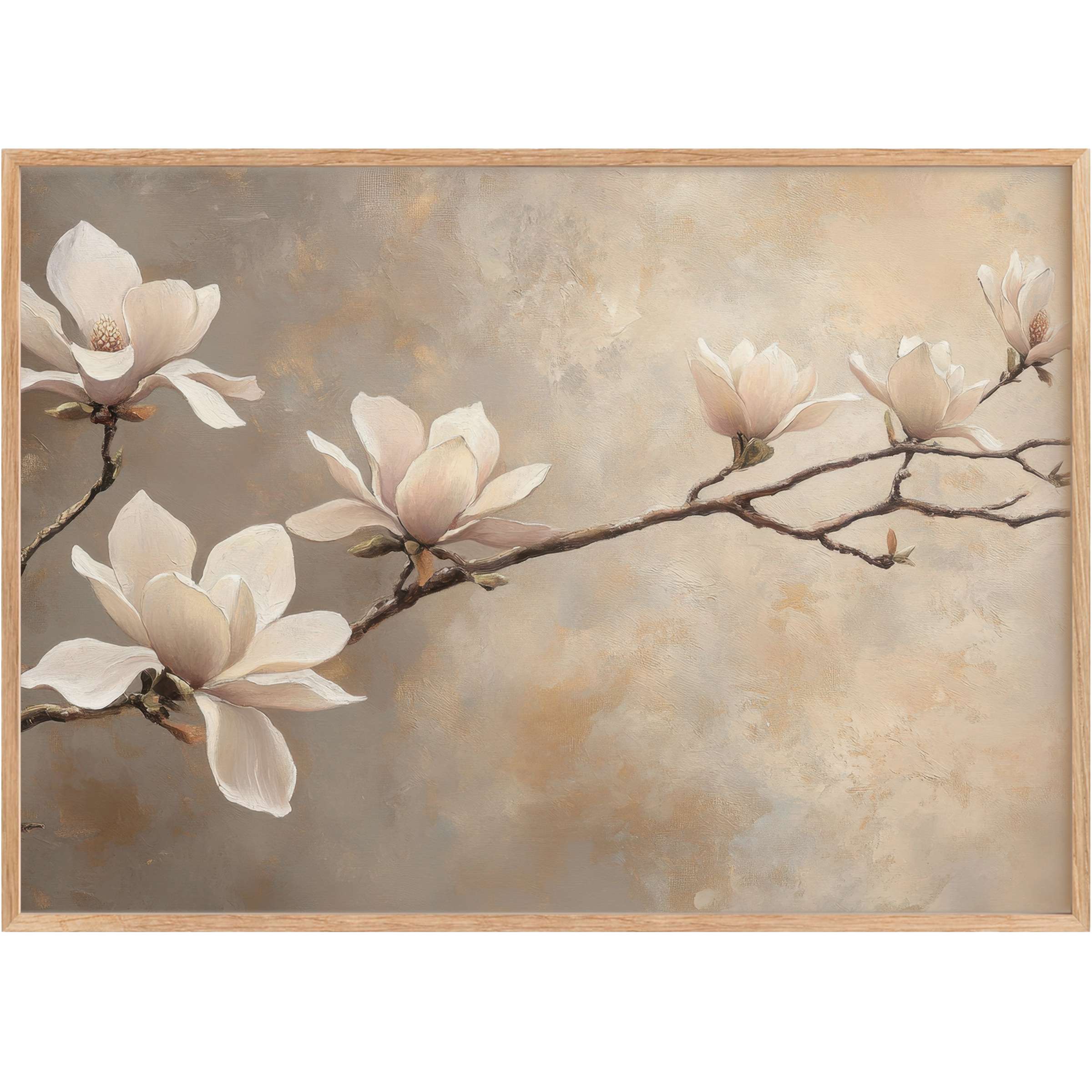 Elegant floral printable wall art featuring soft white magnolias on textured taupe background, evoking serene, timeless sophistication