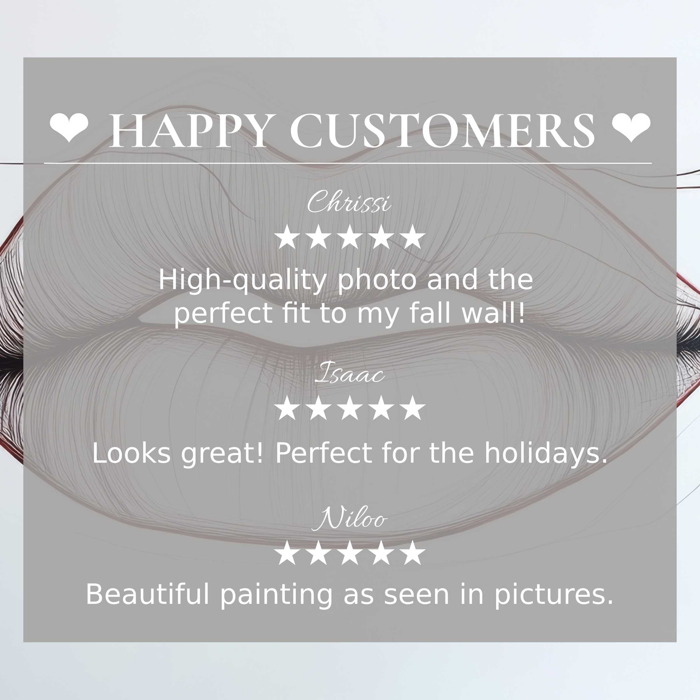 Minimalist art for Frame TV with abstract lips background, showcasing happy customer reviews and elegant, trustworthy design