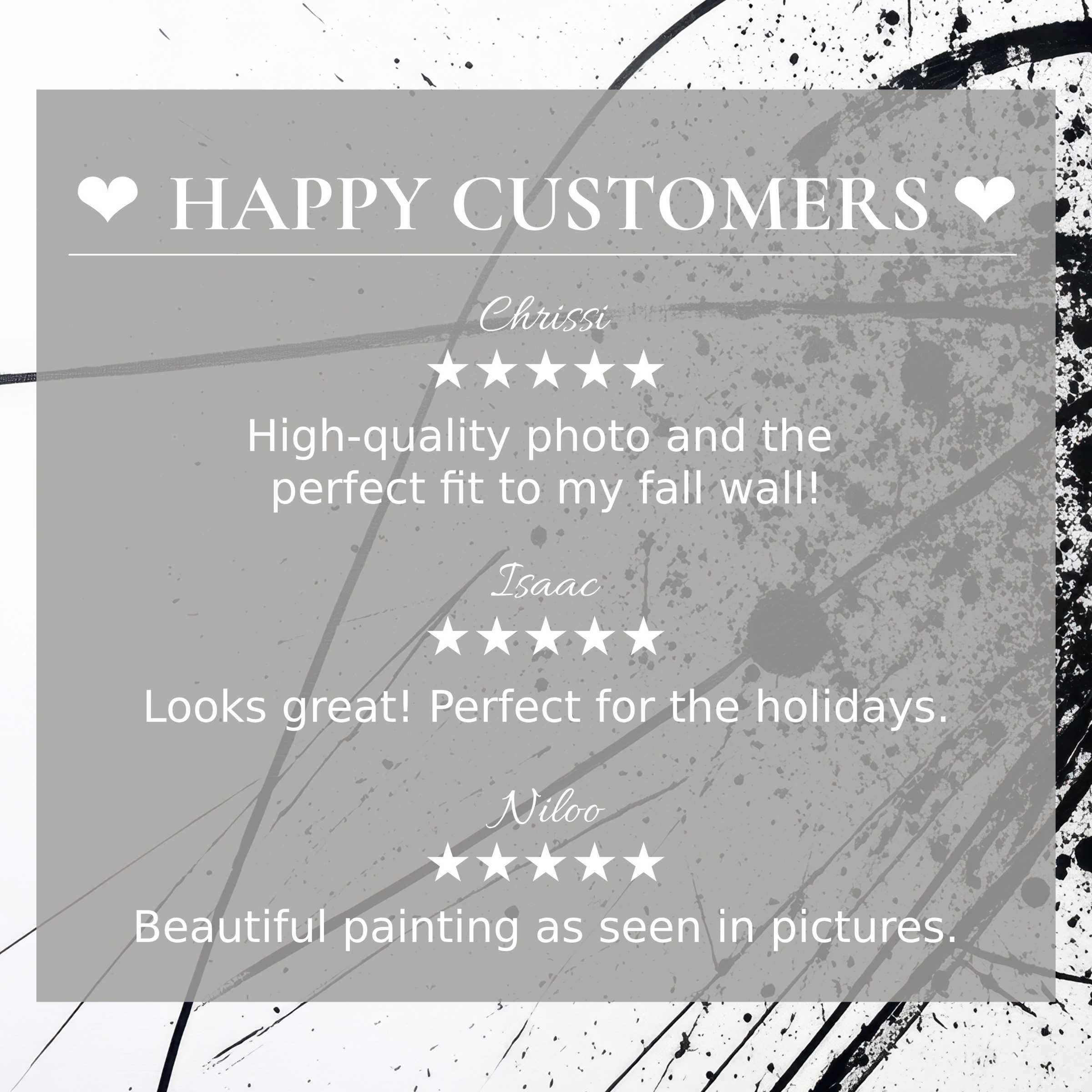 Modern art for Frame TV with abstract black splatter; layout builds trust via happy customer reviews and refined style