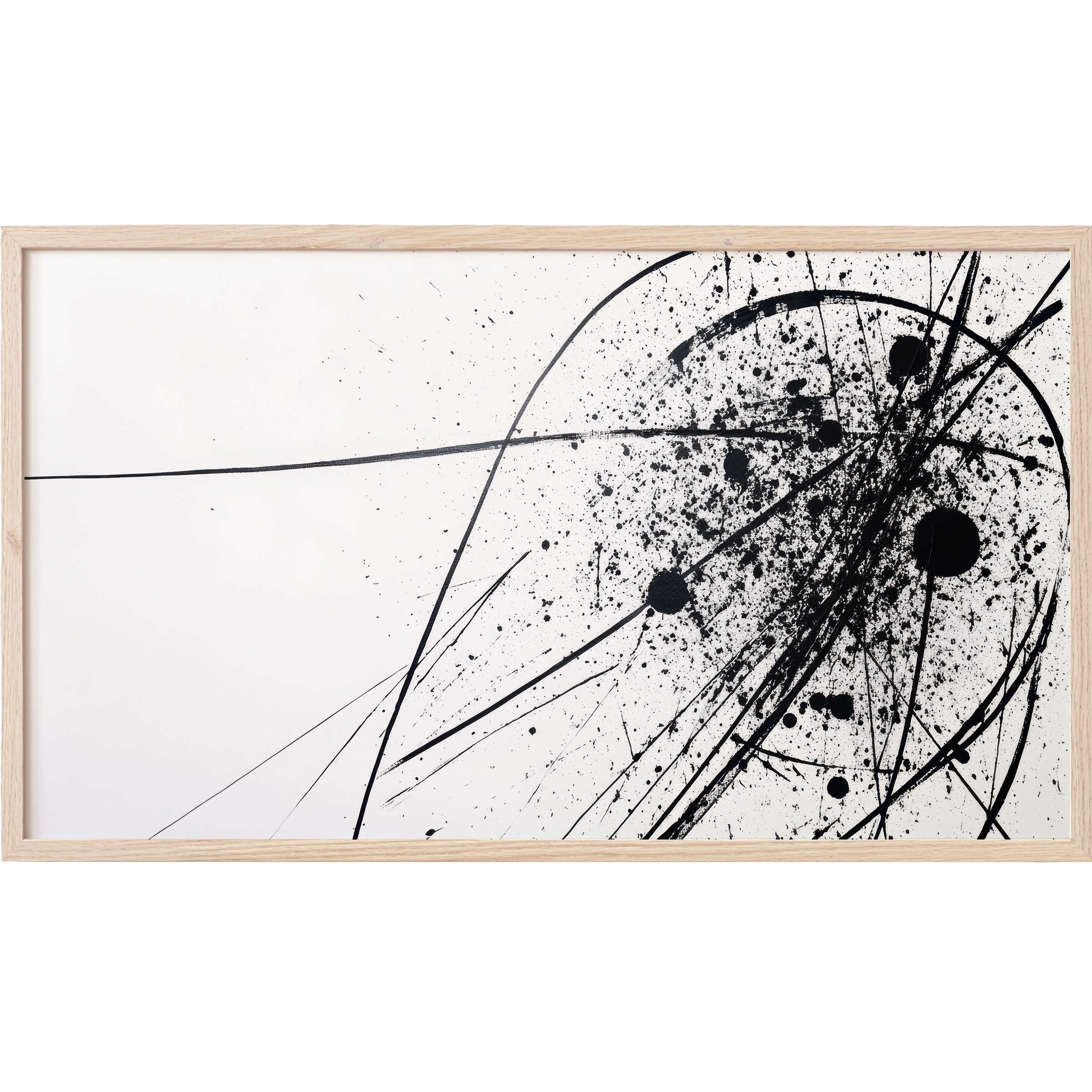 Modern Frame TV Art with dynamic black splatters and elegant sweeping lines on a crisp white background