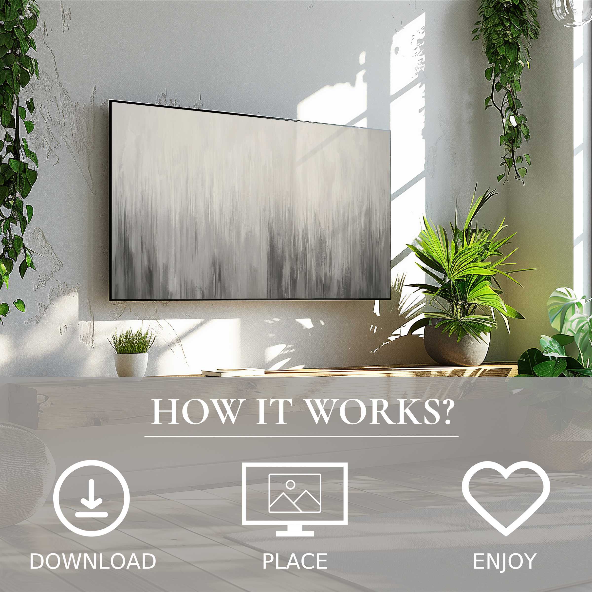 Neutral art for Samsung TV showcasing soft gray tones on The Frame, easy digital download enriches modern spaces