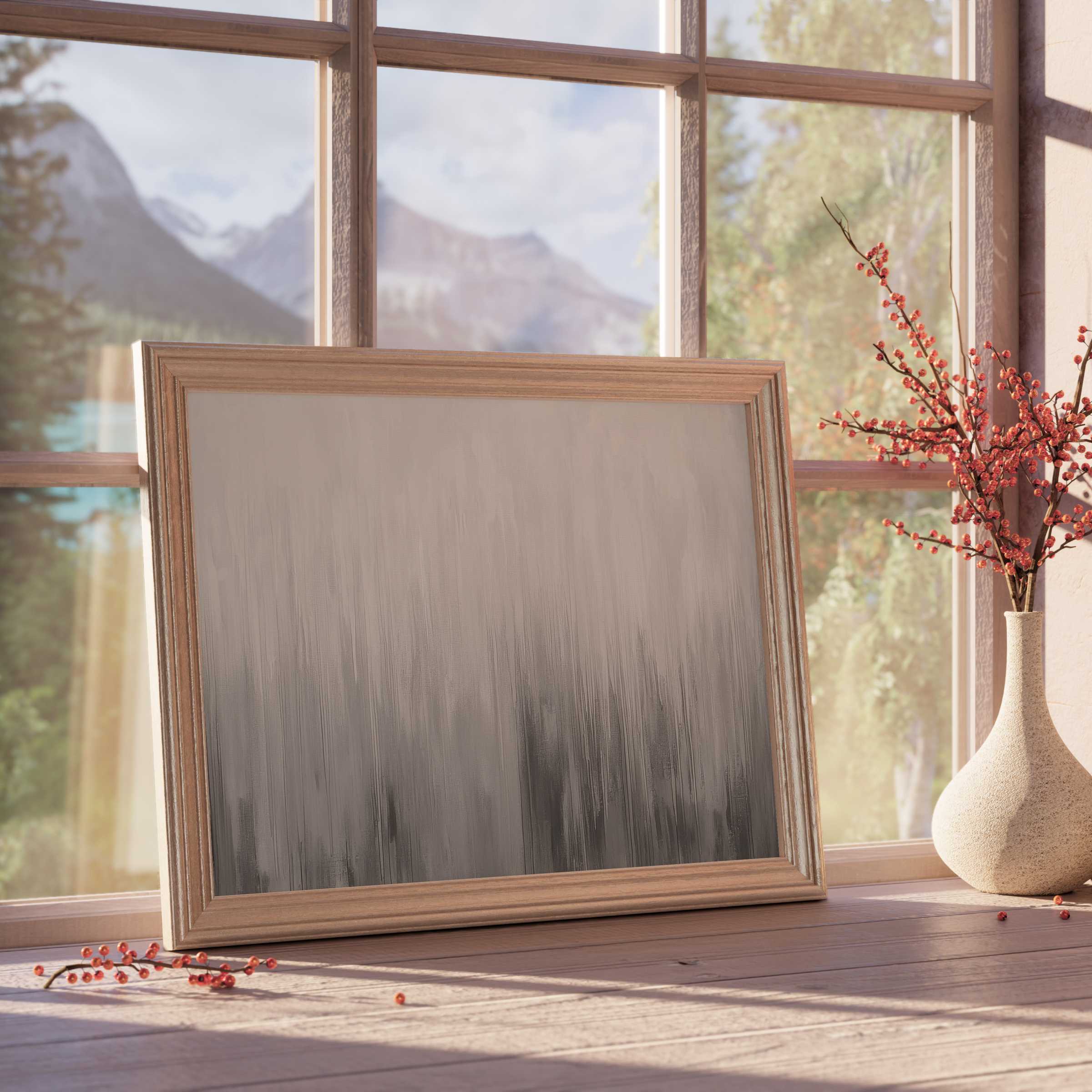 Serene neutral downloadable art with soft ombre grays in a natural wood frame, enriching tranquil, design-forward interiors
