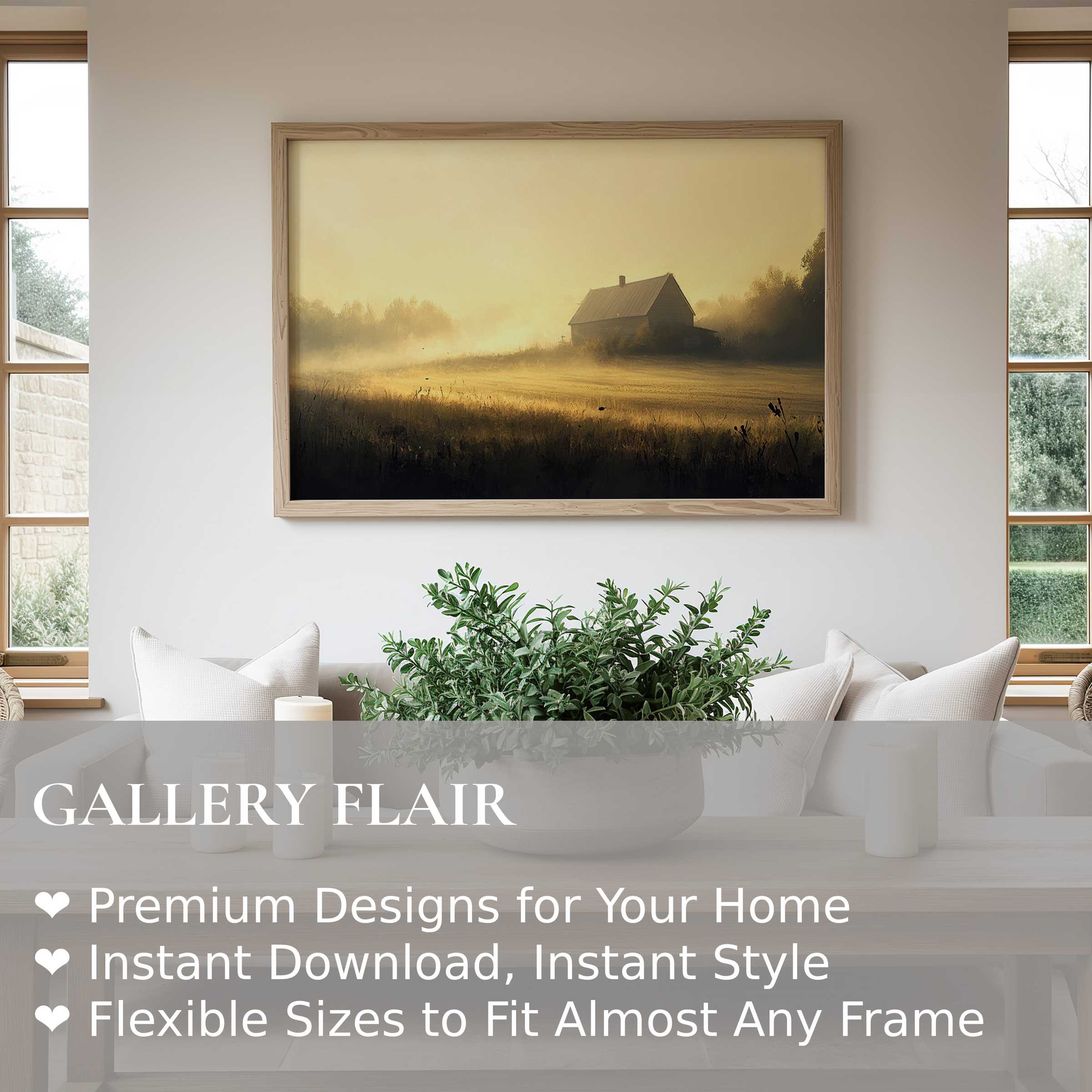 Farmhouse wall art print capturing a serene, golden sunrise over a rustic barn, enhancing cozy, modern farmhouse interiors with calming warmth