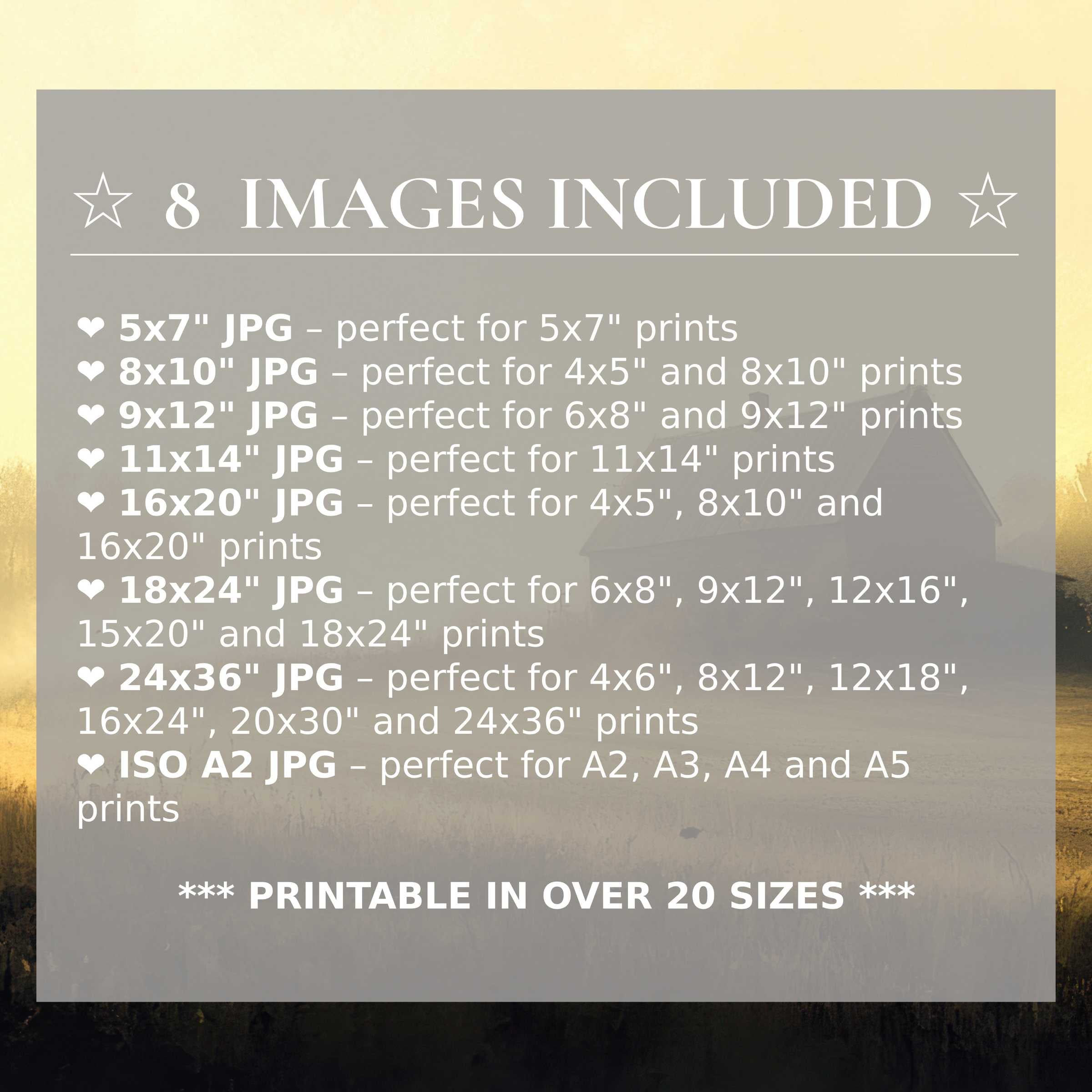 Farmhouse digital print with warm golden hues and soft gray tones, offering 8 high-quality sizes included for versatile, elegant modern interiors