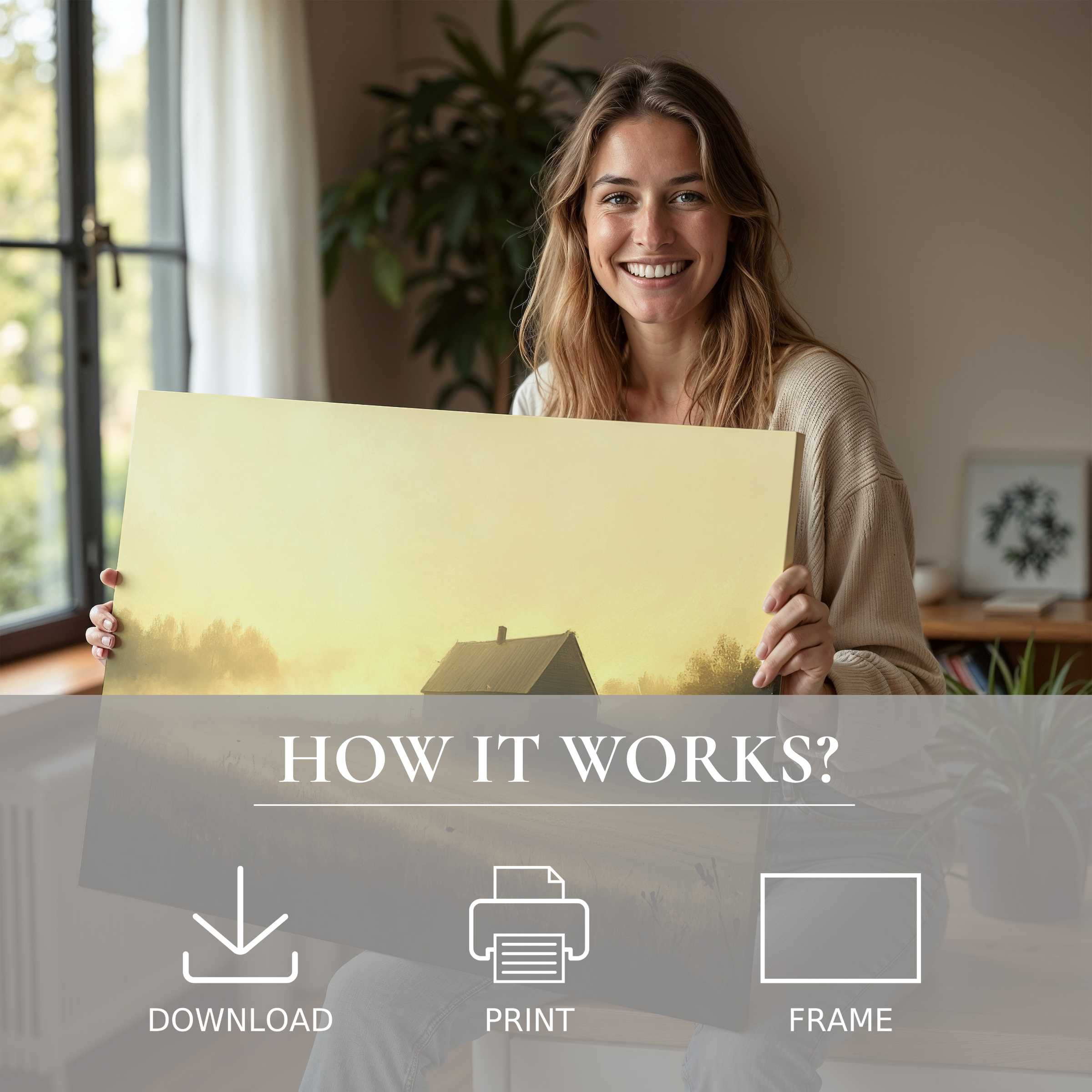 Radiant farmhouse digital art print embraced in a modern home, evoking serene joy and effortless, elegant living with art