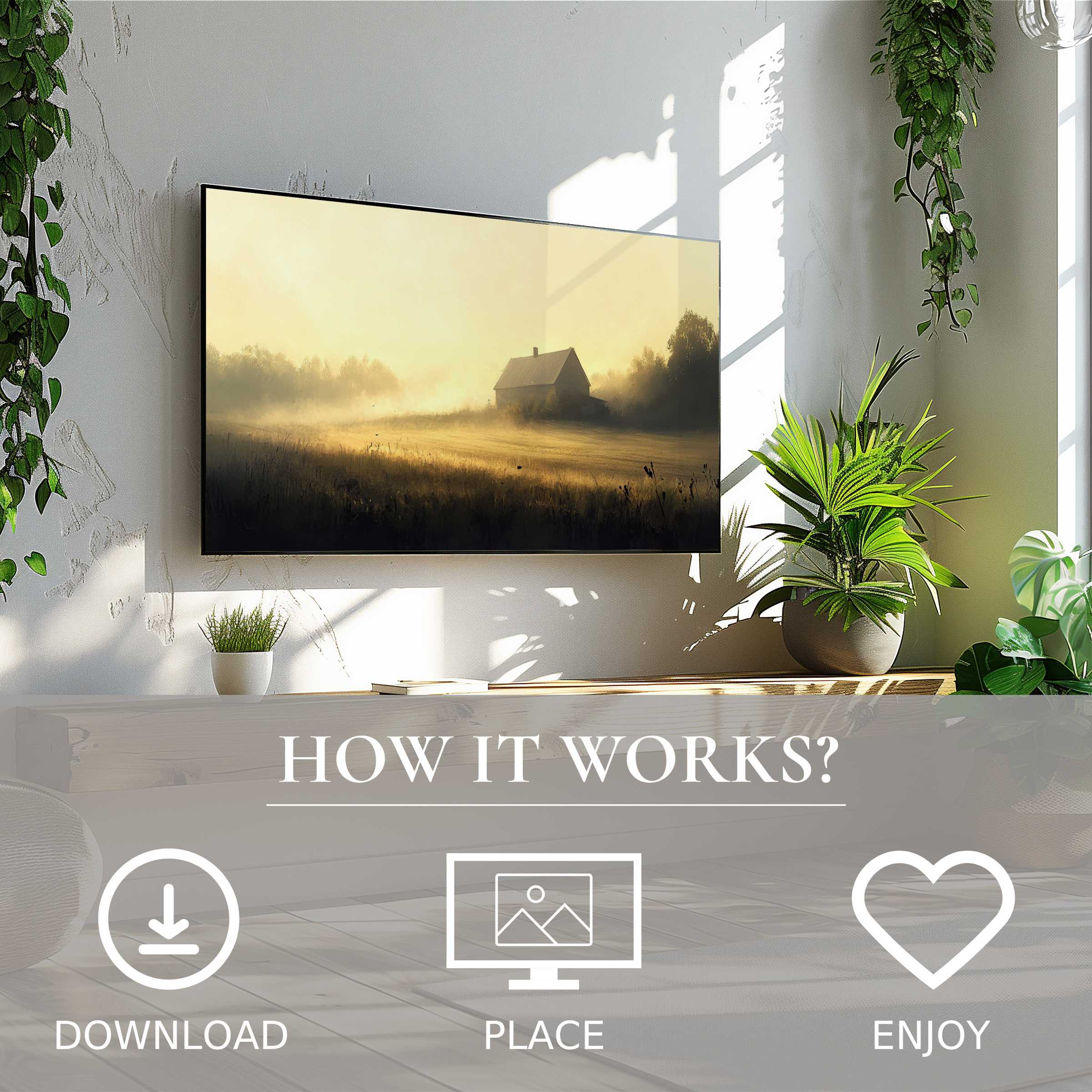 Farmhouse art for Samsung TV with warm sunrise tones, easy digital download enriching modern living spaces