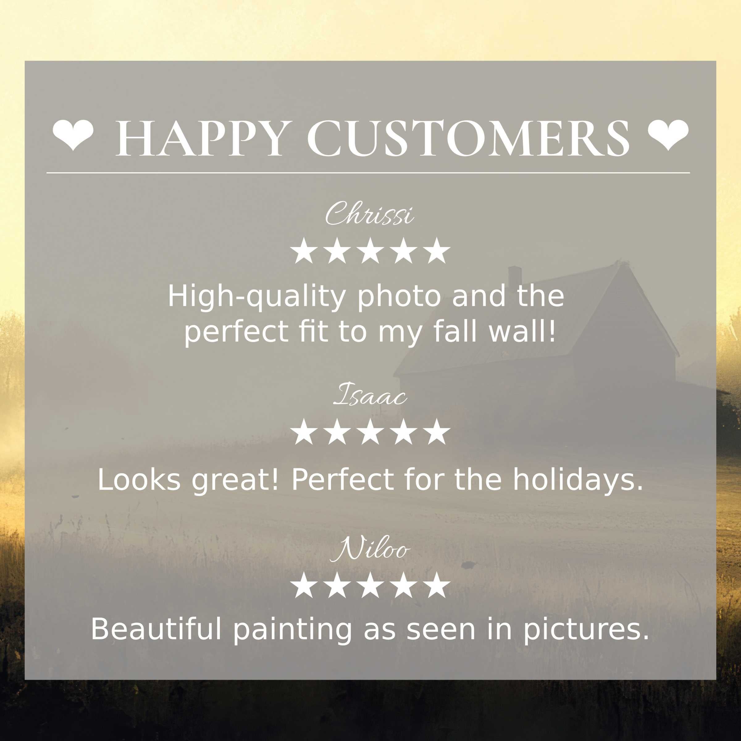 Farmhouse art for Frame TV with serene sunset tones, showcasing happy customer praise and elegant, trustworthy design