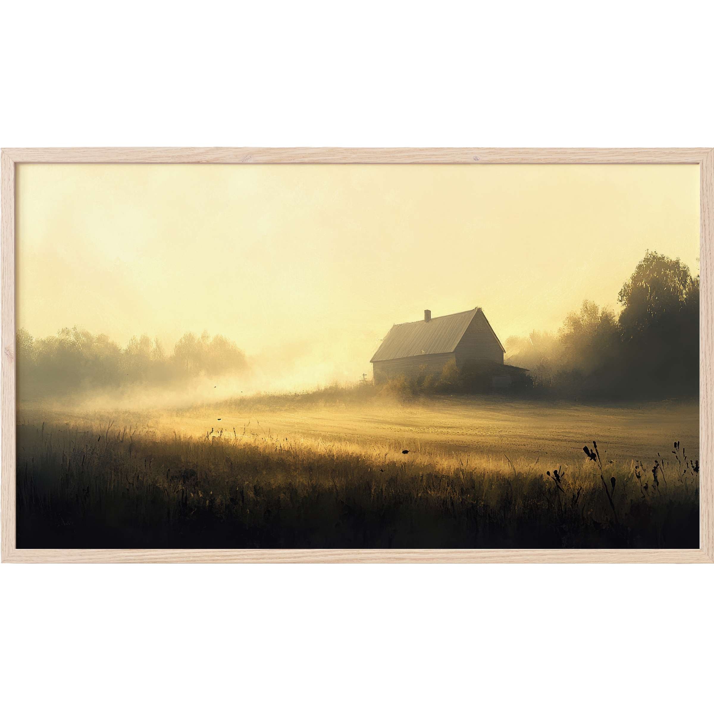 Farmhouse Frame TV Art depicting a serene cabin in golden light and mist with soft earthy tones and shadowed details