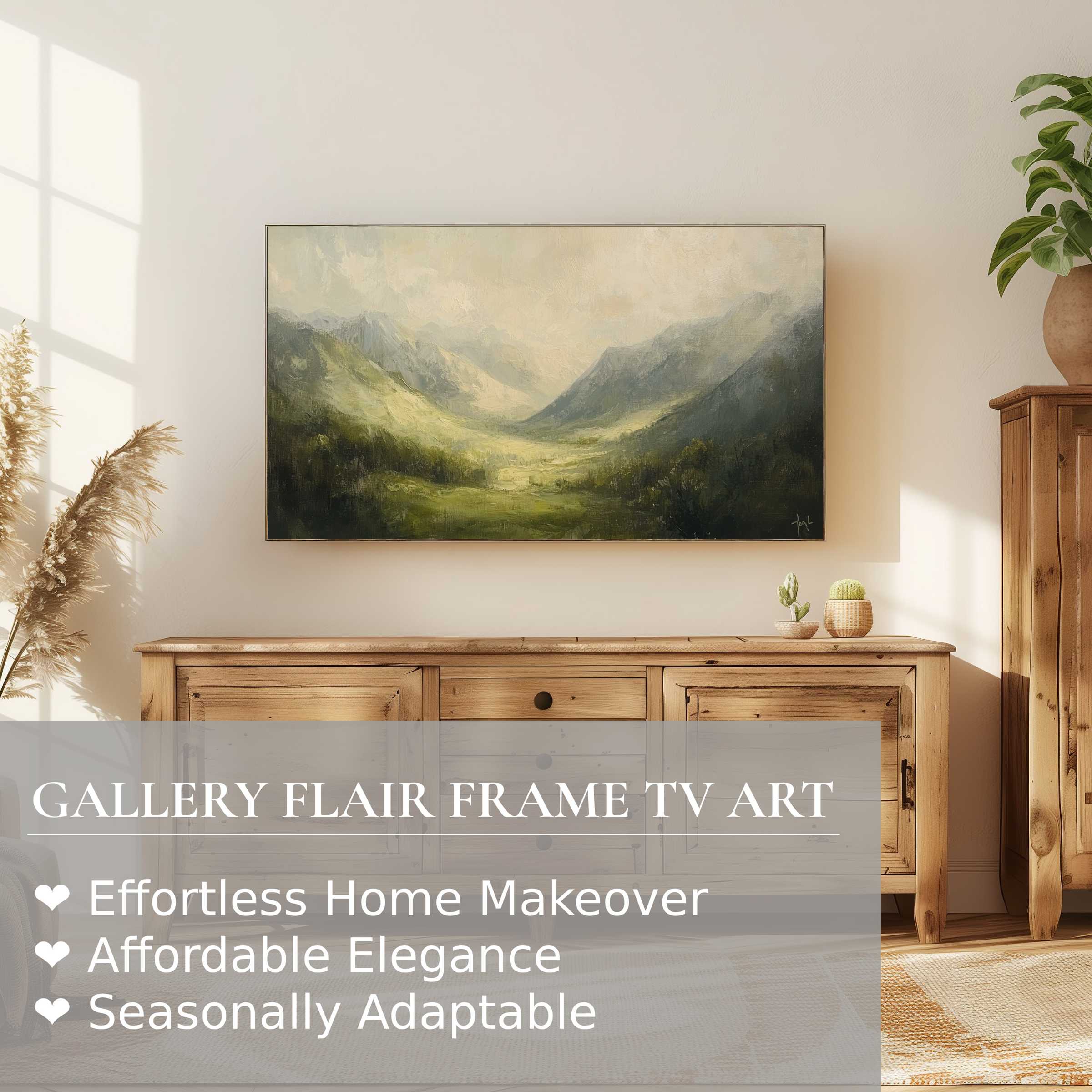 Samsung Frame TV showcasing a serene landscape digital artwork in a modern, elegant natural wood setting