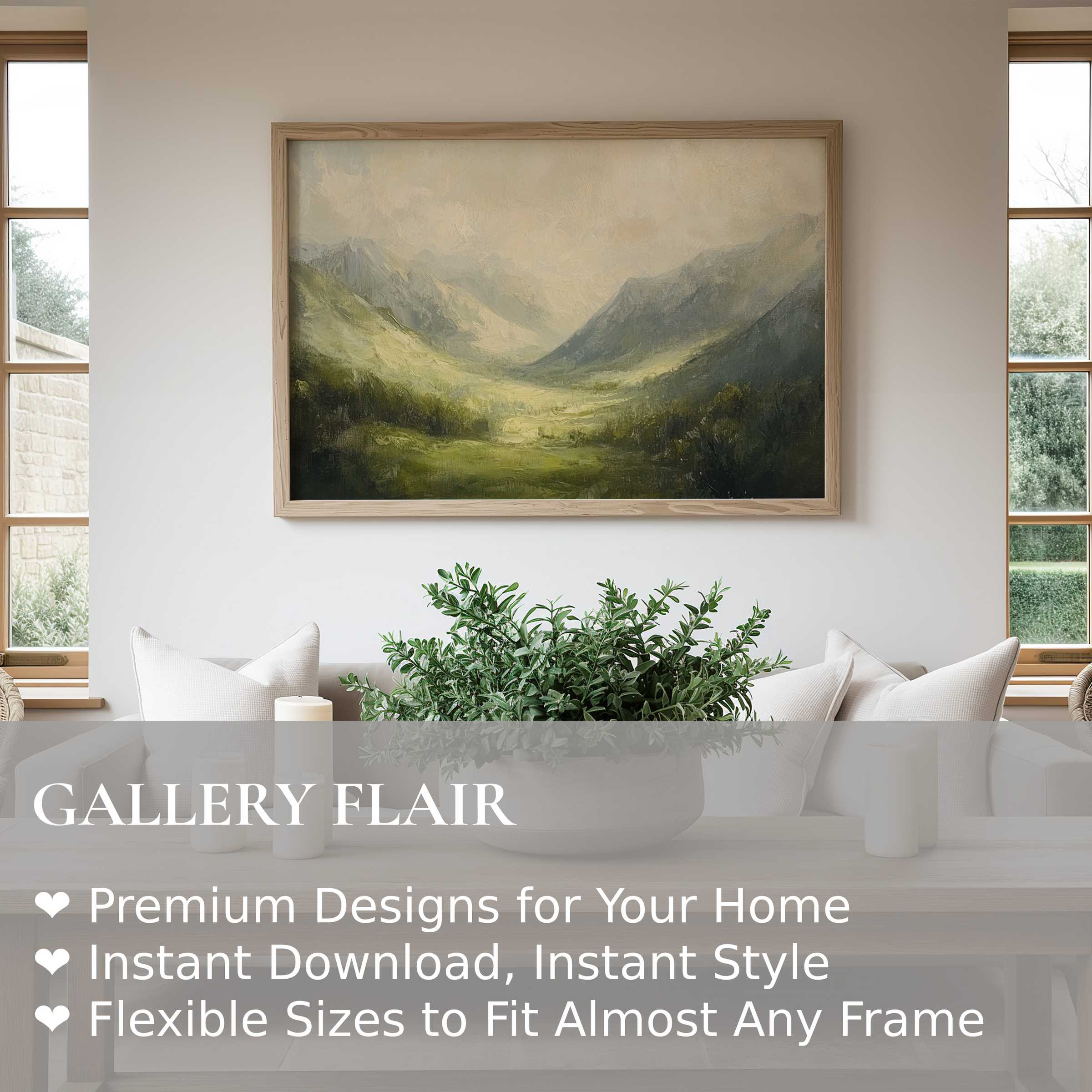 Serene landscape wall art print captures misty mountain valleys with soft, calming hues, enriching this modern farmhouse living room