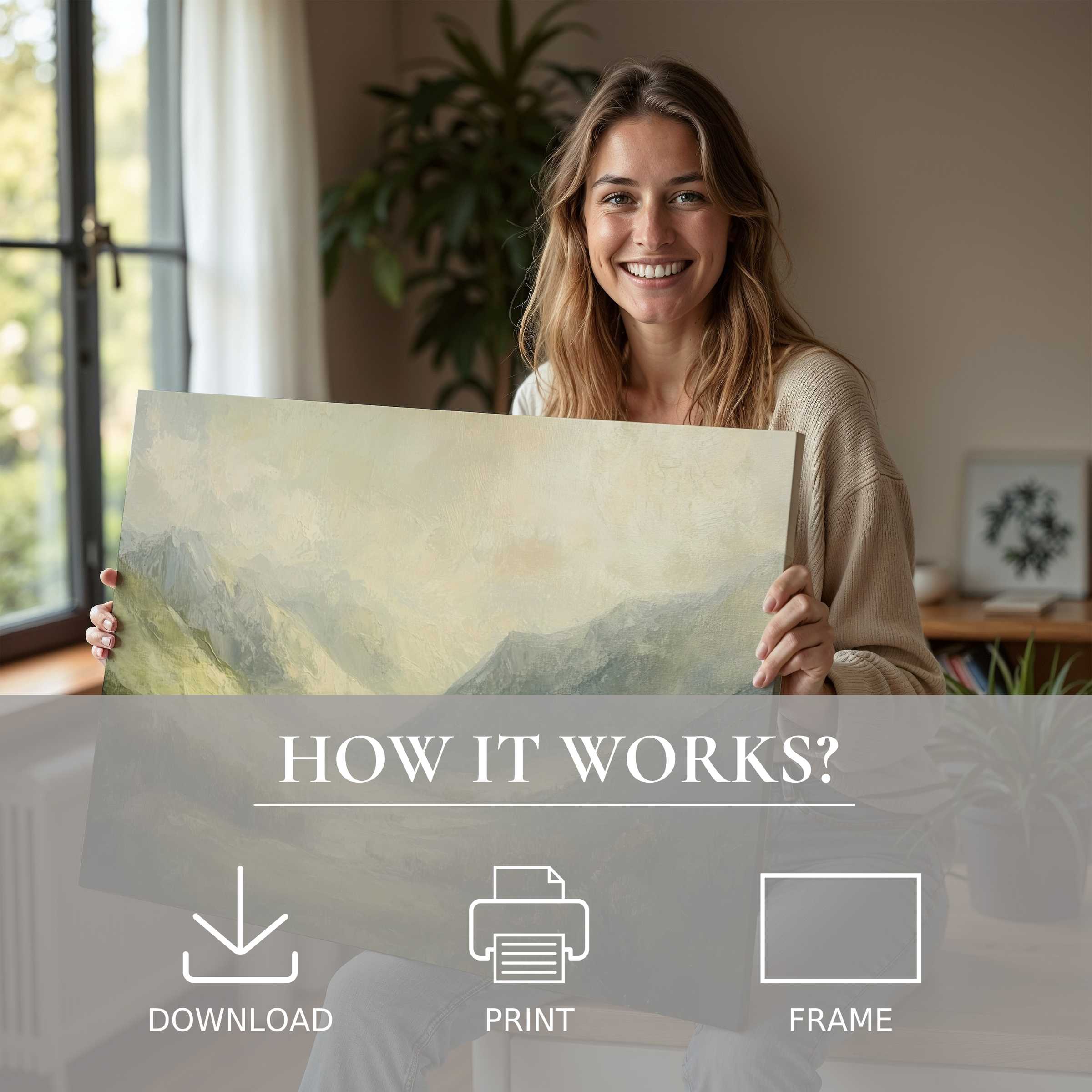 A joyful woman in a modern, sunlit home shares a serene landscape digital art print, inviting calm and connection