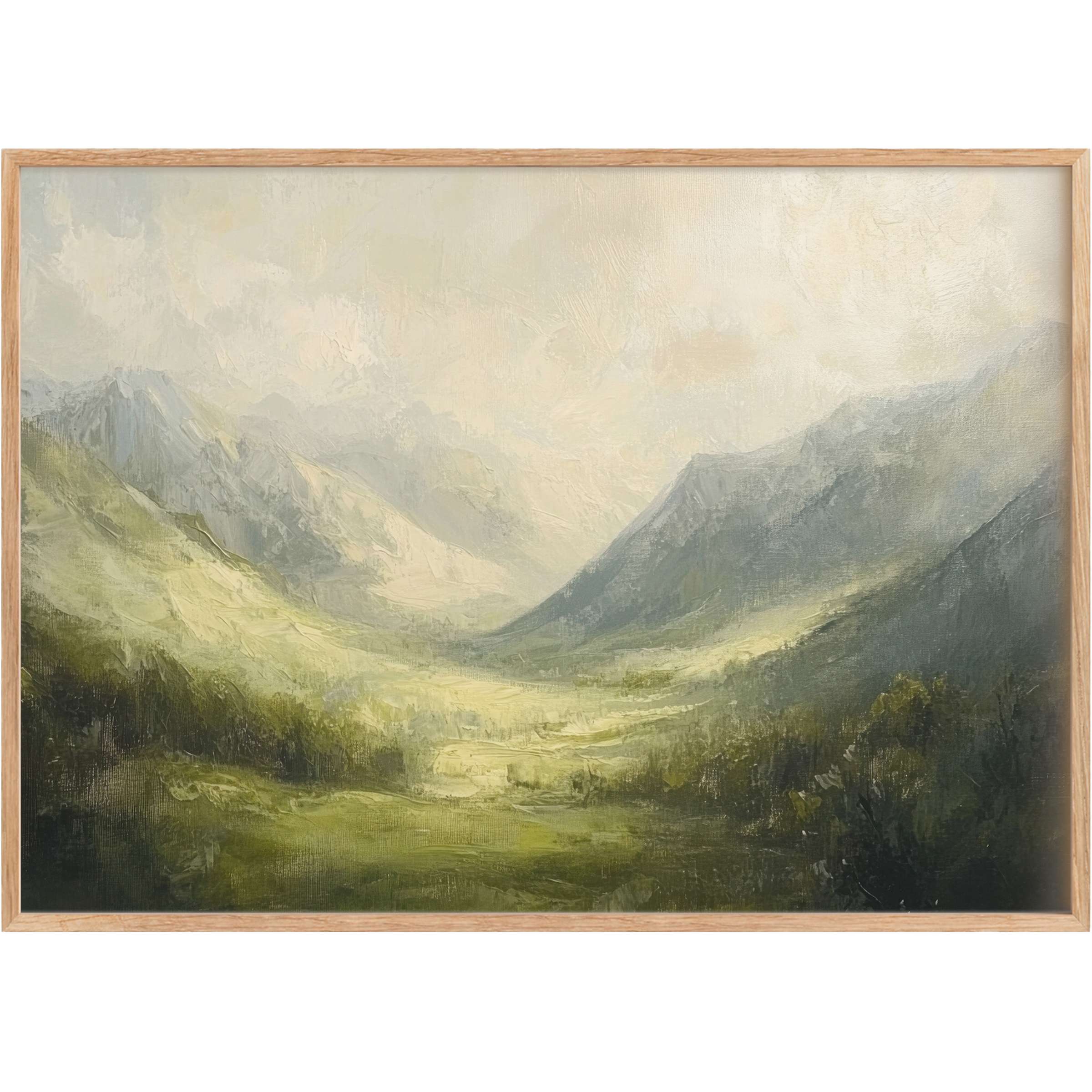 Serene landscape printable wall art in soft greens and grays, evoking calm and timeless elegance for refined spaces