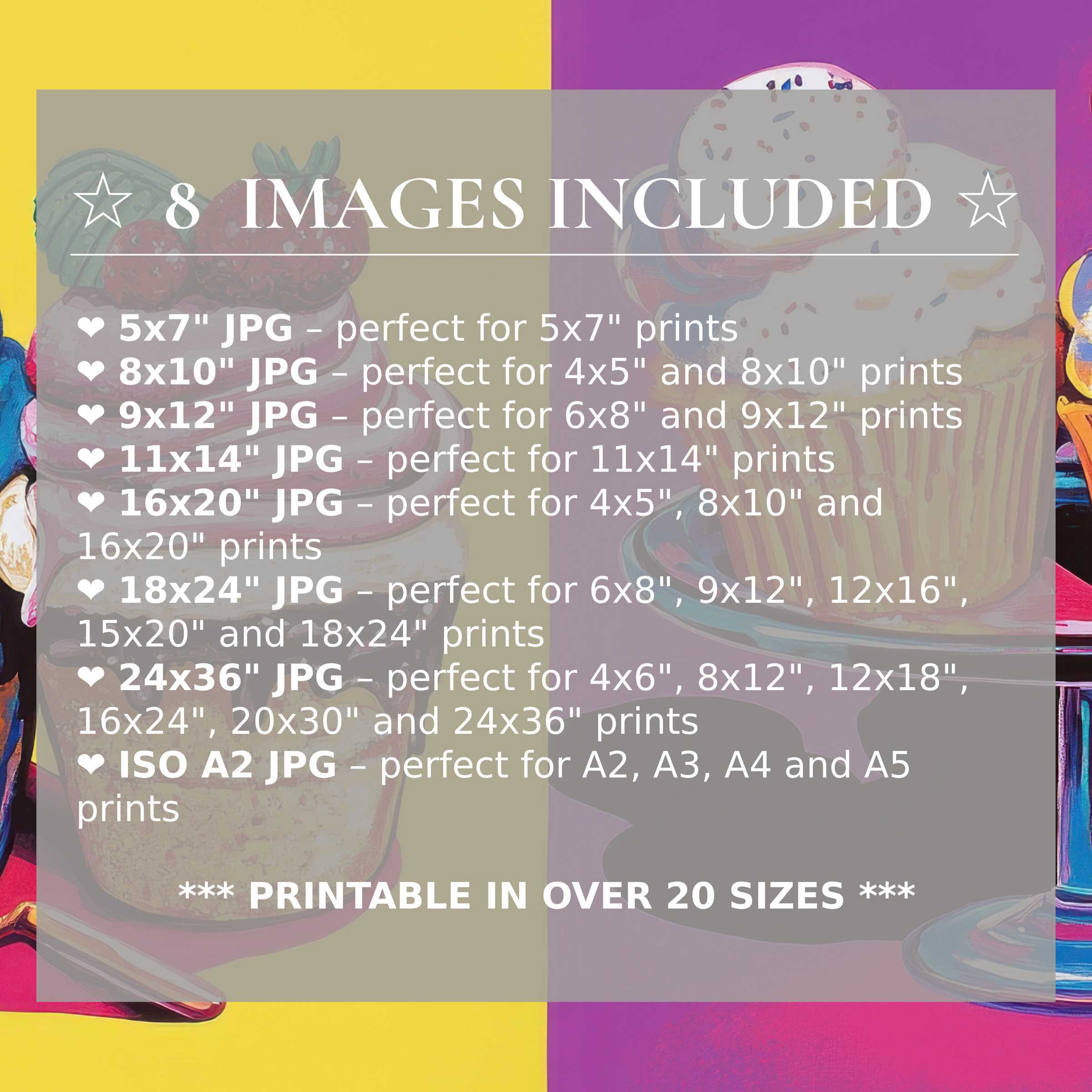 Pop art digital print in radiant yellows and purples, delivering bold visual impact and versatile elegance in 8 high-quality sizes included