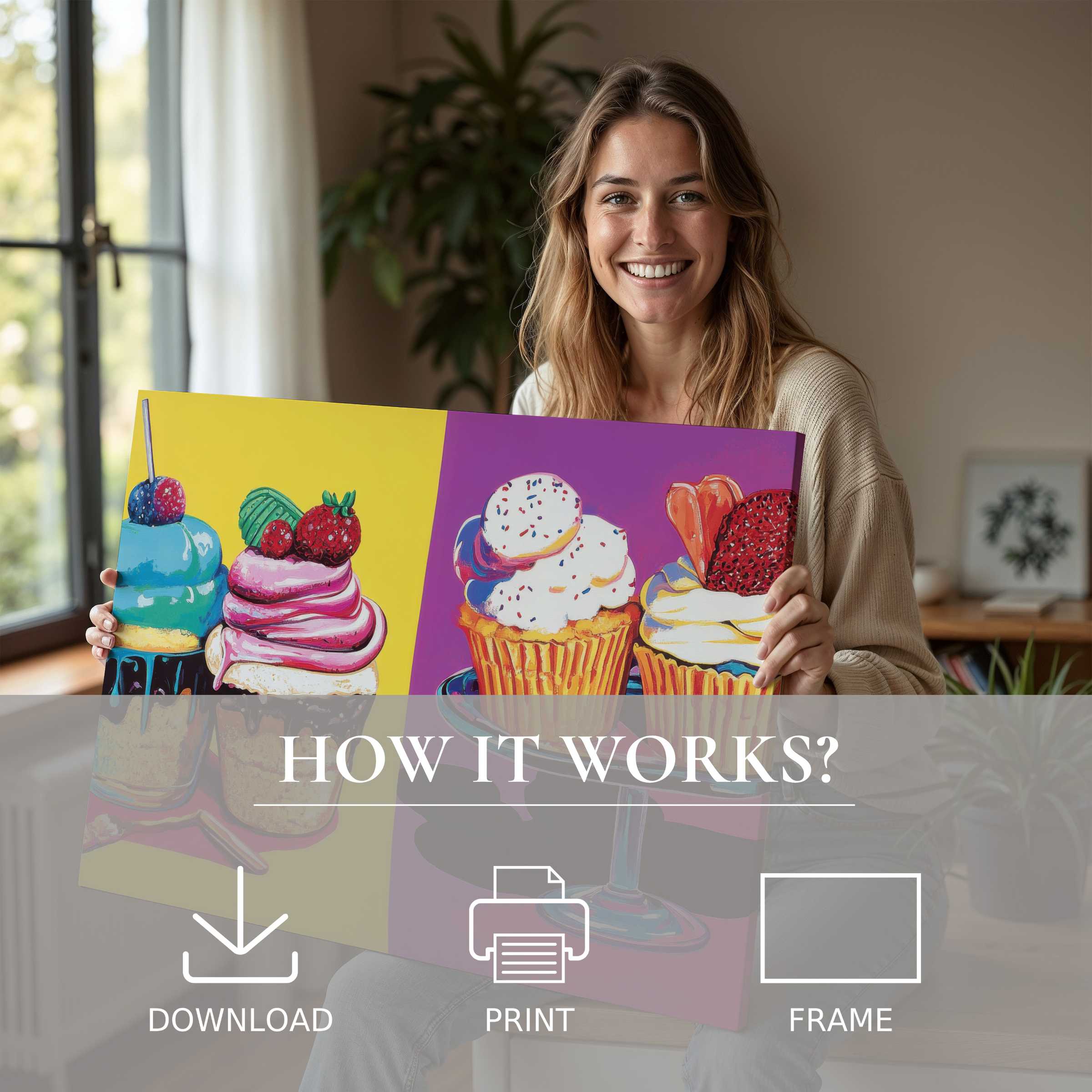 A joyful moment in a modern home where vibrant pop art digital art print brings warmth and effortless elegance to living spaces