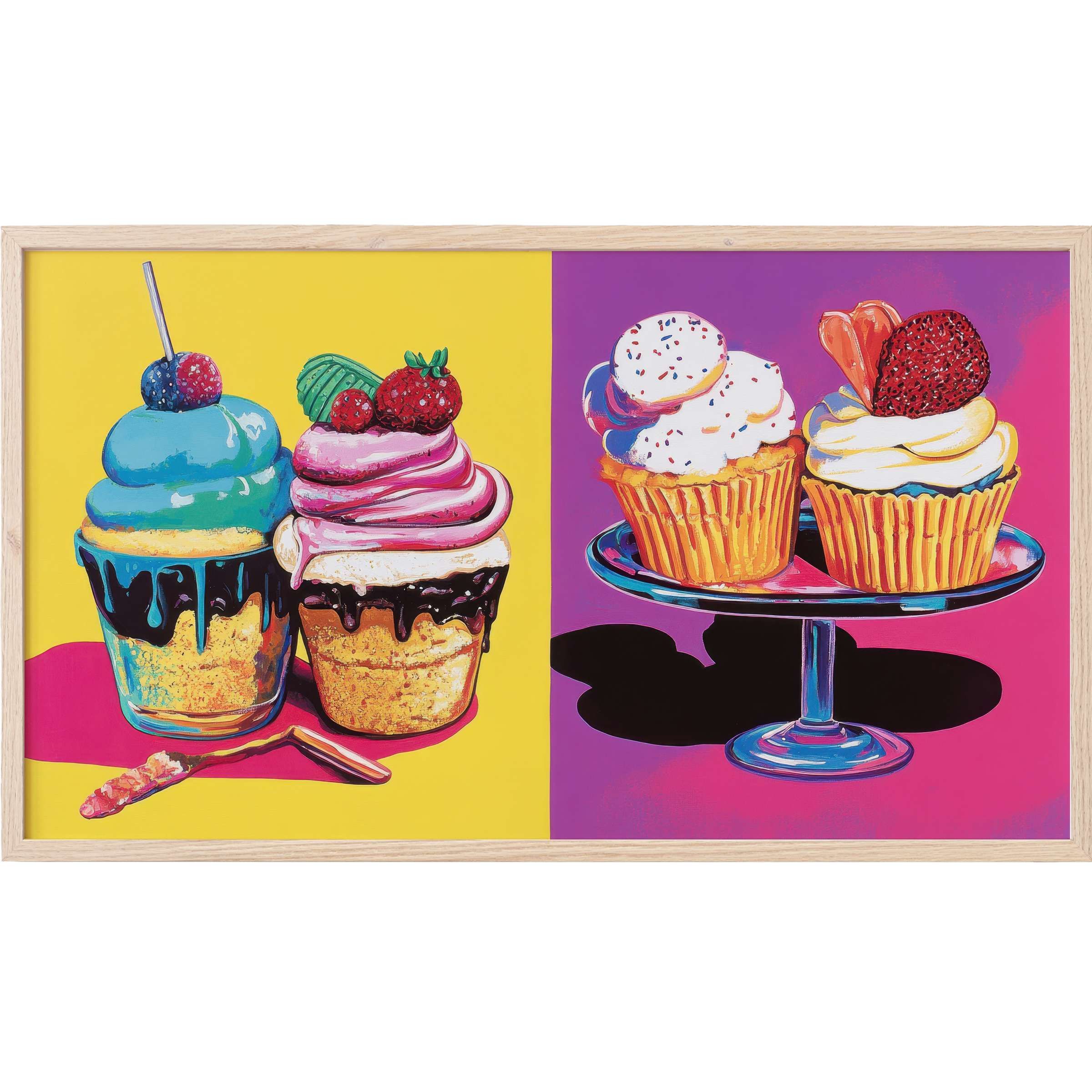 Vibrant pop art Frame TV Art of cupcakes with bold blue, pink, yellow, and purple hues in sleek modern style