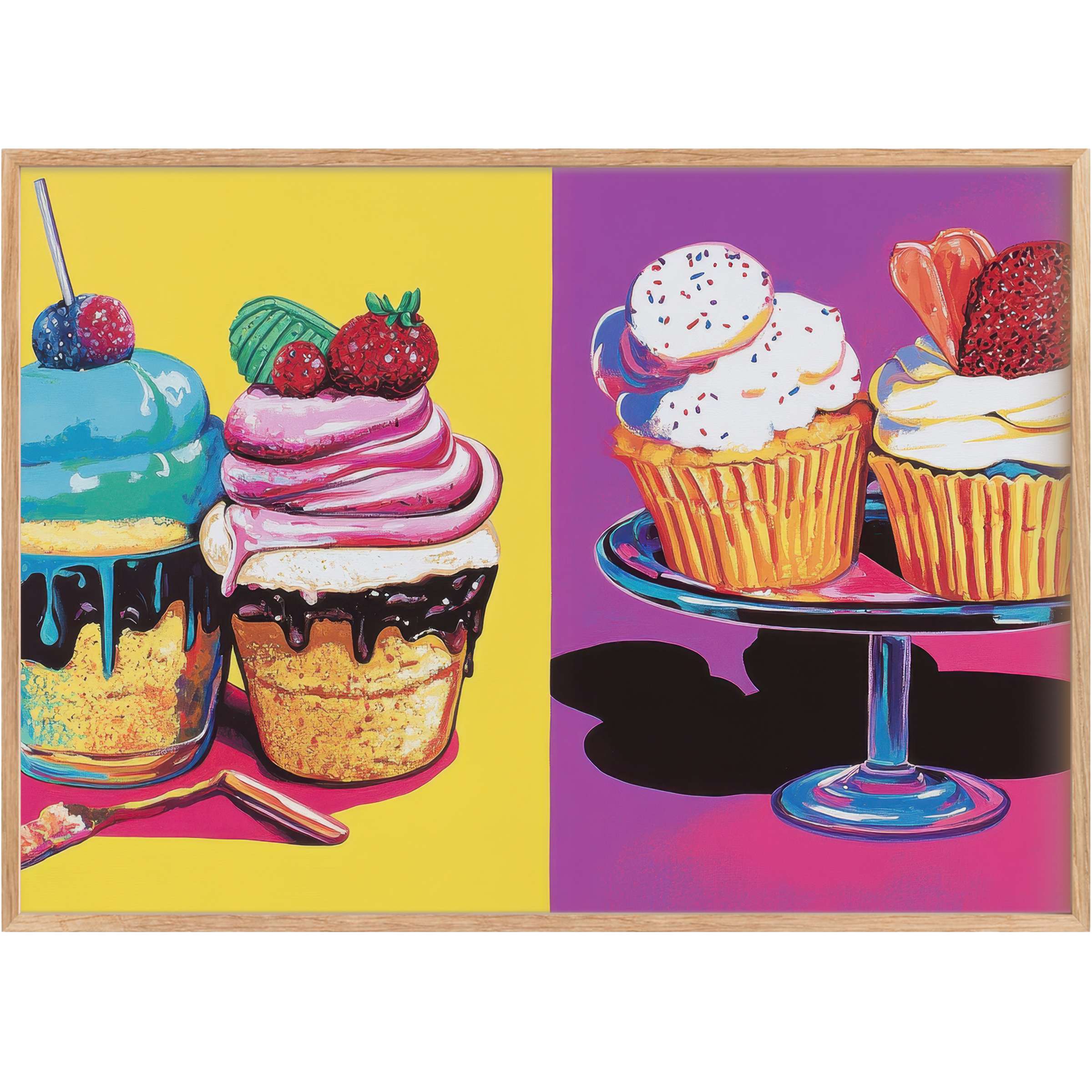 Vibrant pop art printable wall art featuring luscious cupcakes on bold yellow and purple backdrops, evoking playful joy and modern chic