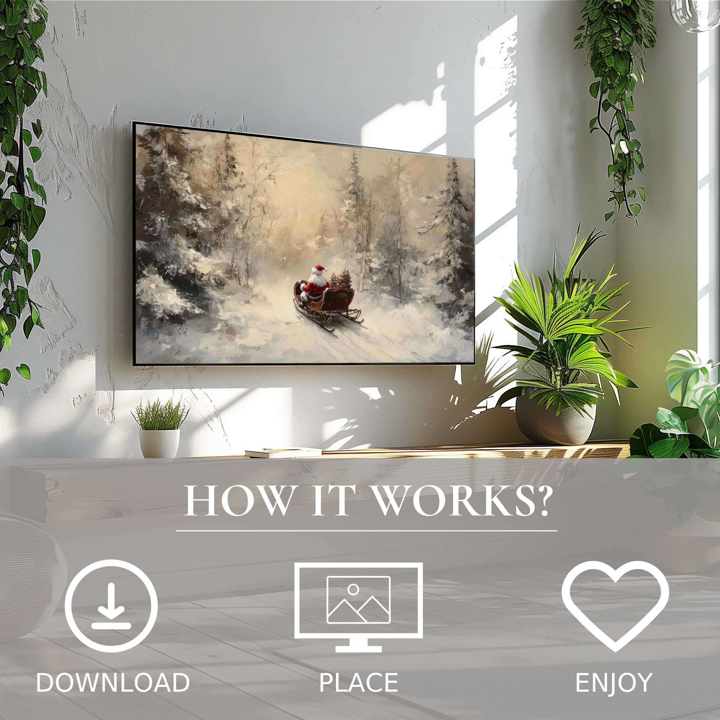 Christmas art for Samsung TV shows Santa in soft winter tones, easy digital download enriches sleek modern living spaces