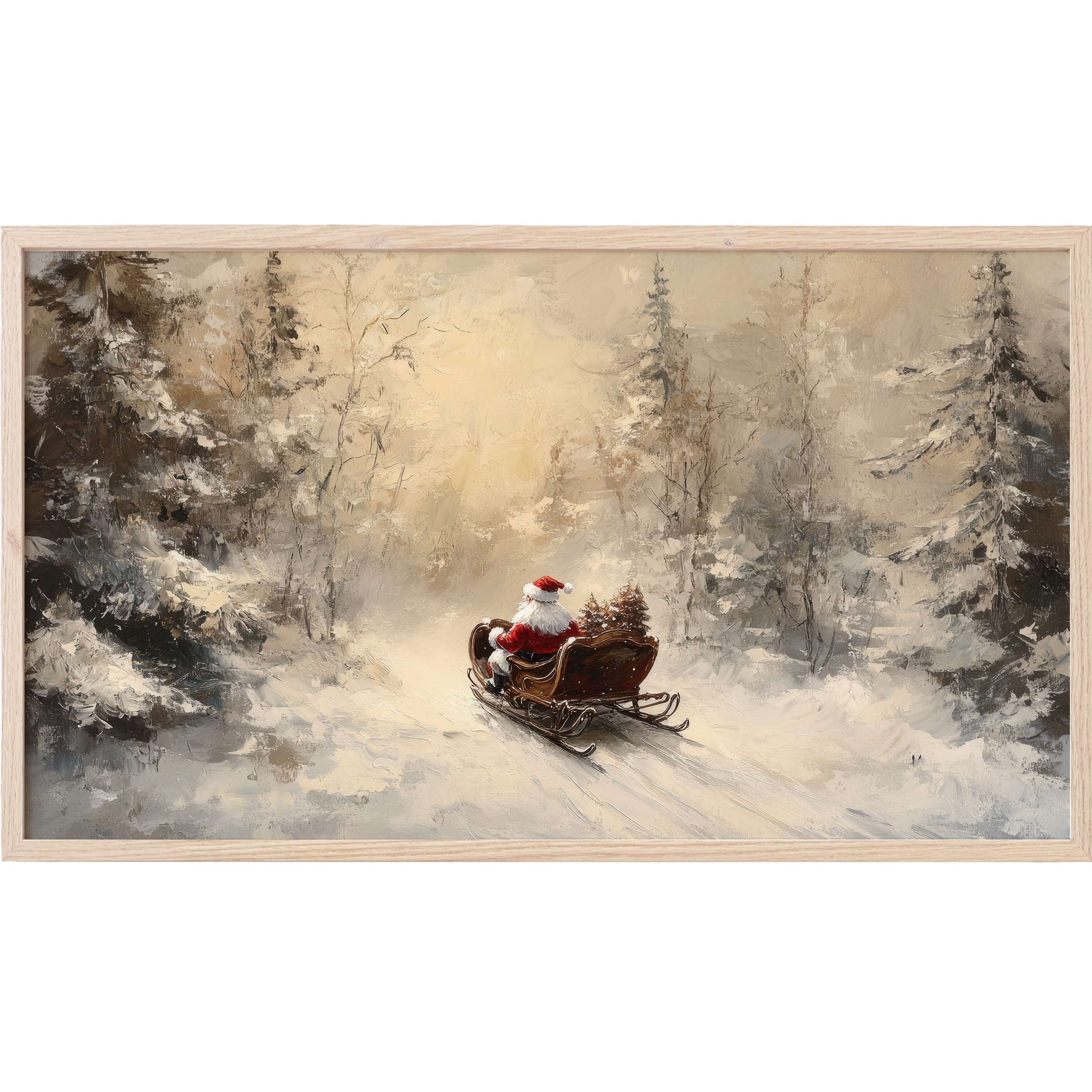 Christmas Frame TV Art showing Santa in a classic sleigh through a muted, snowy forest with soft, elegant tones