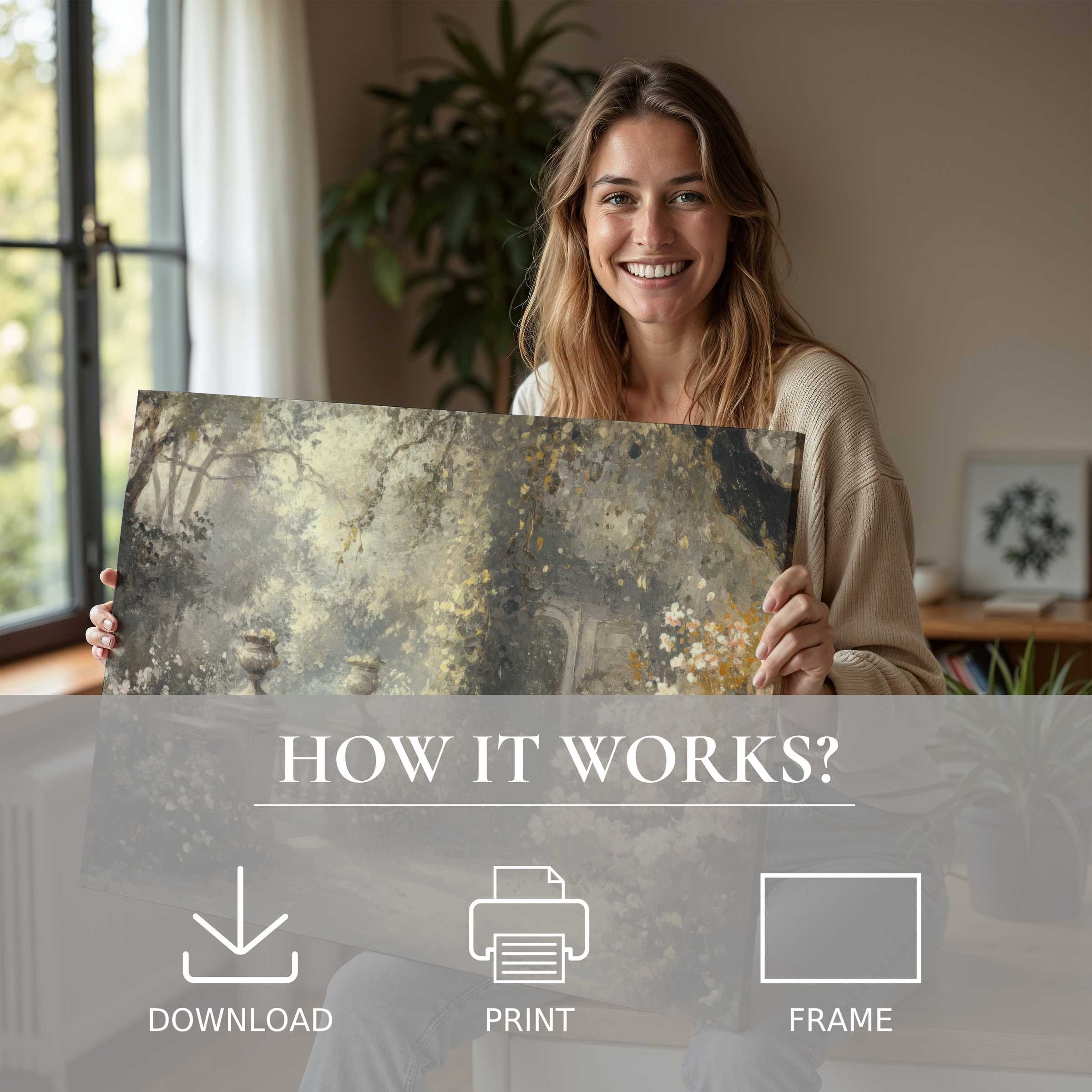 Serene spring digital art print illuminates a modern home, where joy and effortless beauty harmonize with refined living
