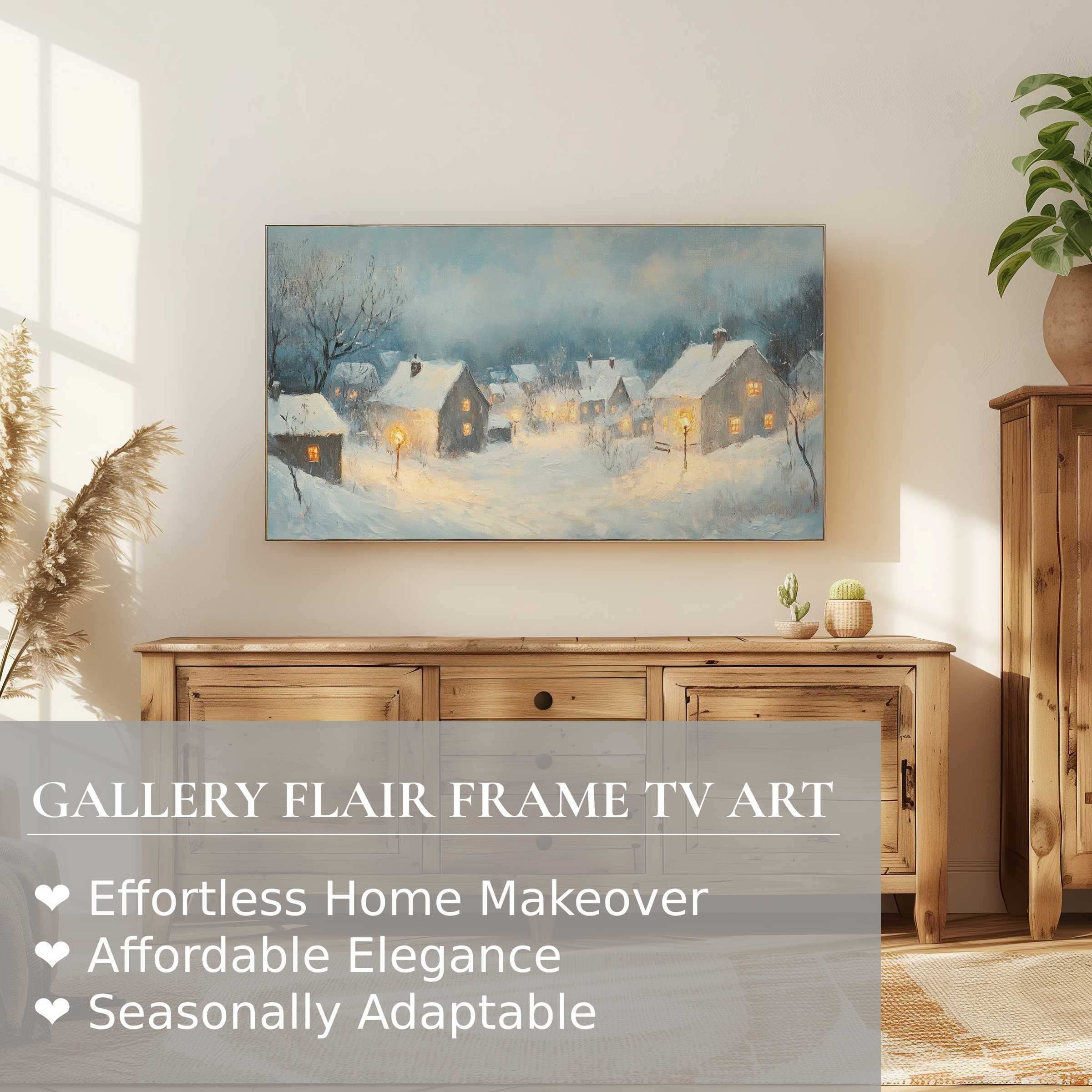 Samsung Frame TV displaying serene winter digital artwork of snowy village, perfect for elegant, modern home decor