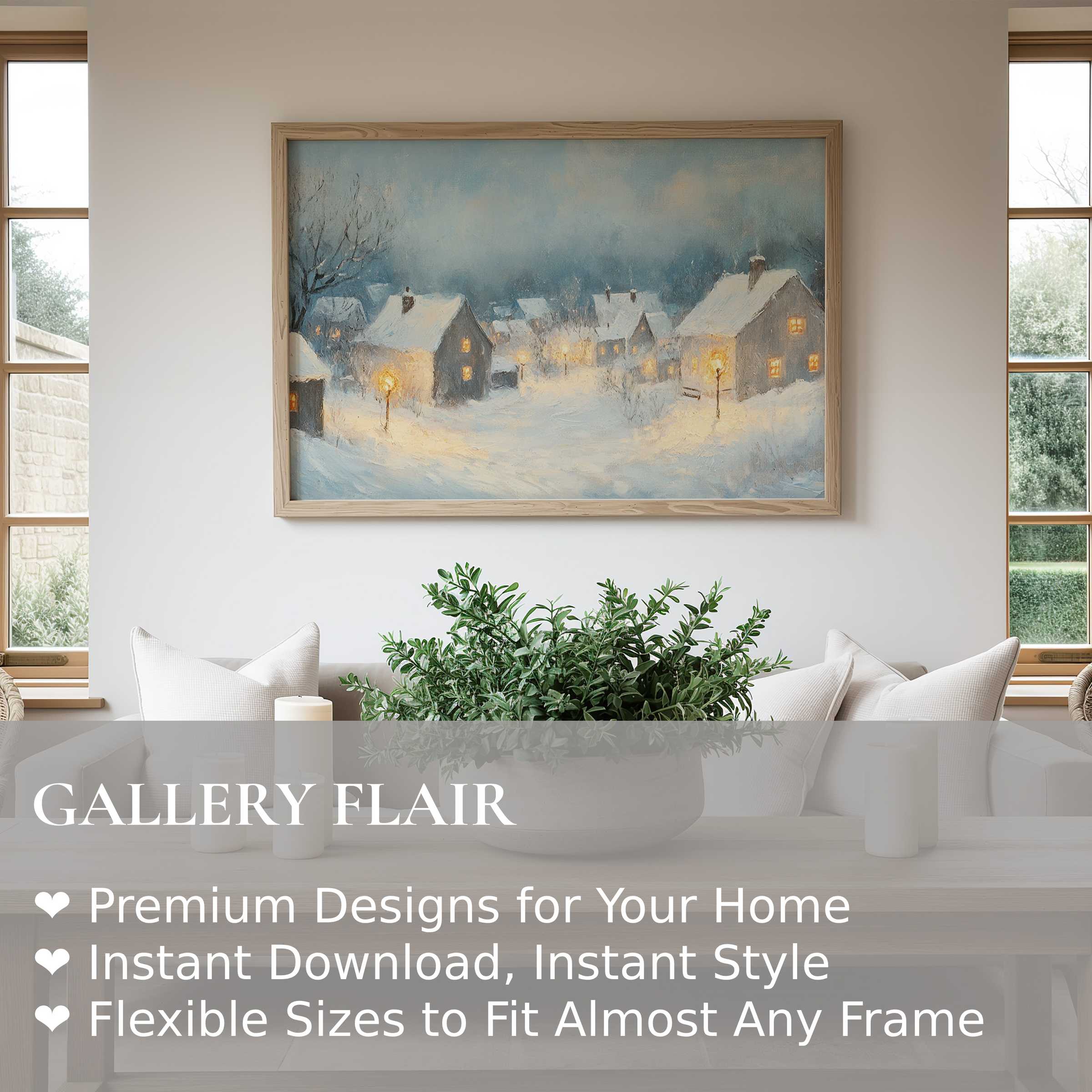 Winter wall art print capturing a serene, snow-dusted village at twilight Soft, calming hues enhance modern minimalist interiors, adding warmth and seasonal tranquility Perfect for elevating contemporary home decor with timeless winter charm