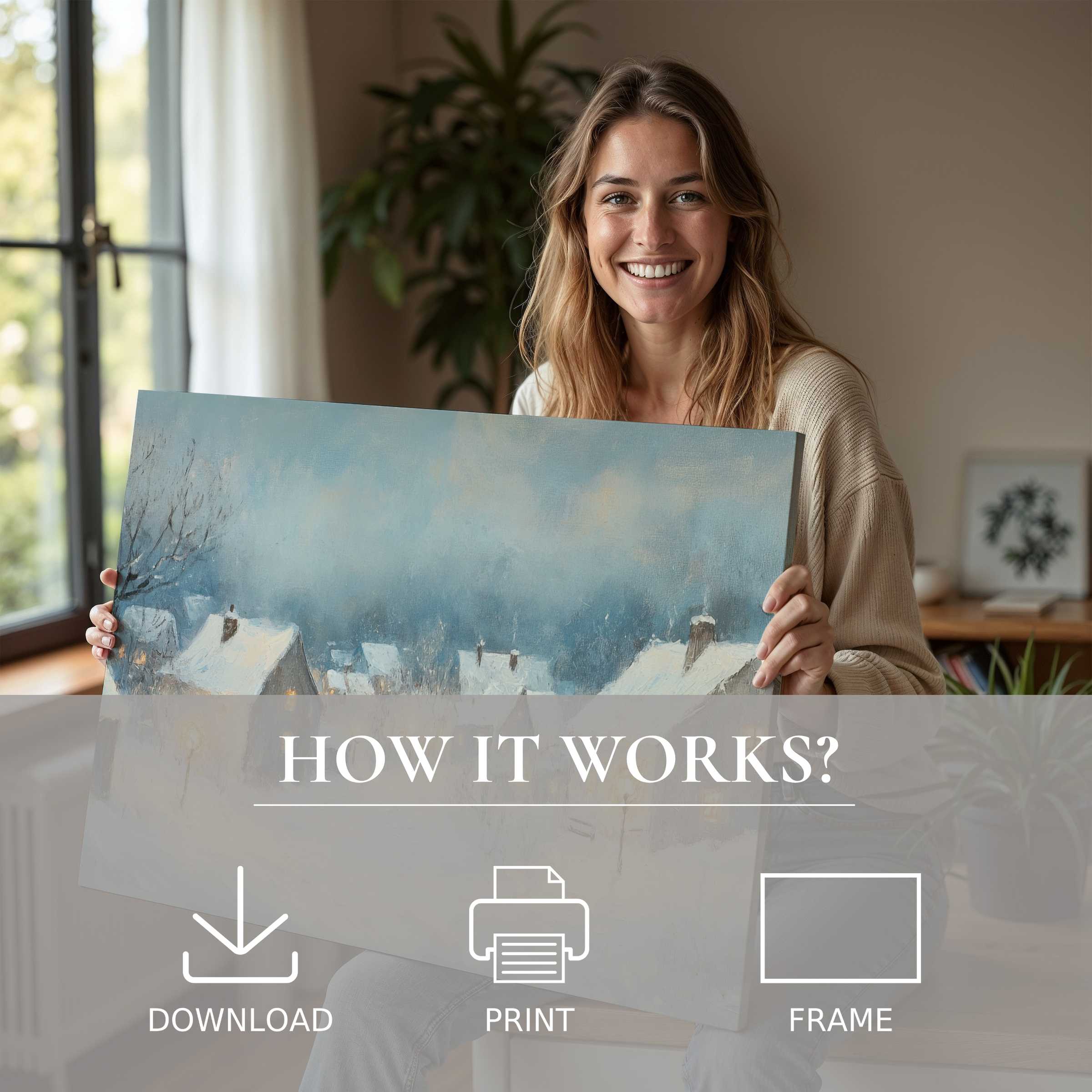 Radiant joy meets serene winter hues in this winter digital art print, effortlessly elevating modern living spaces