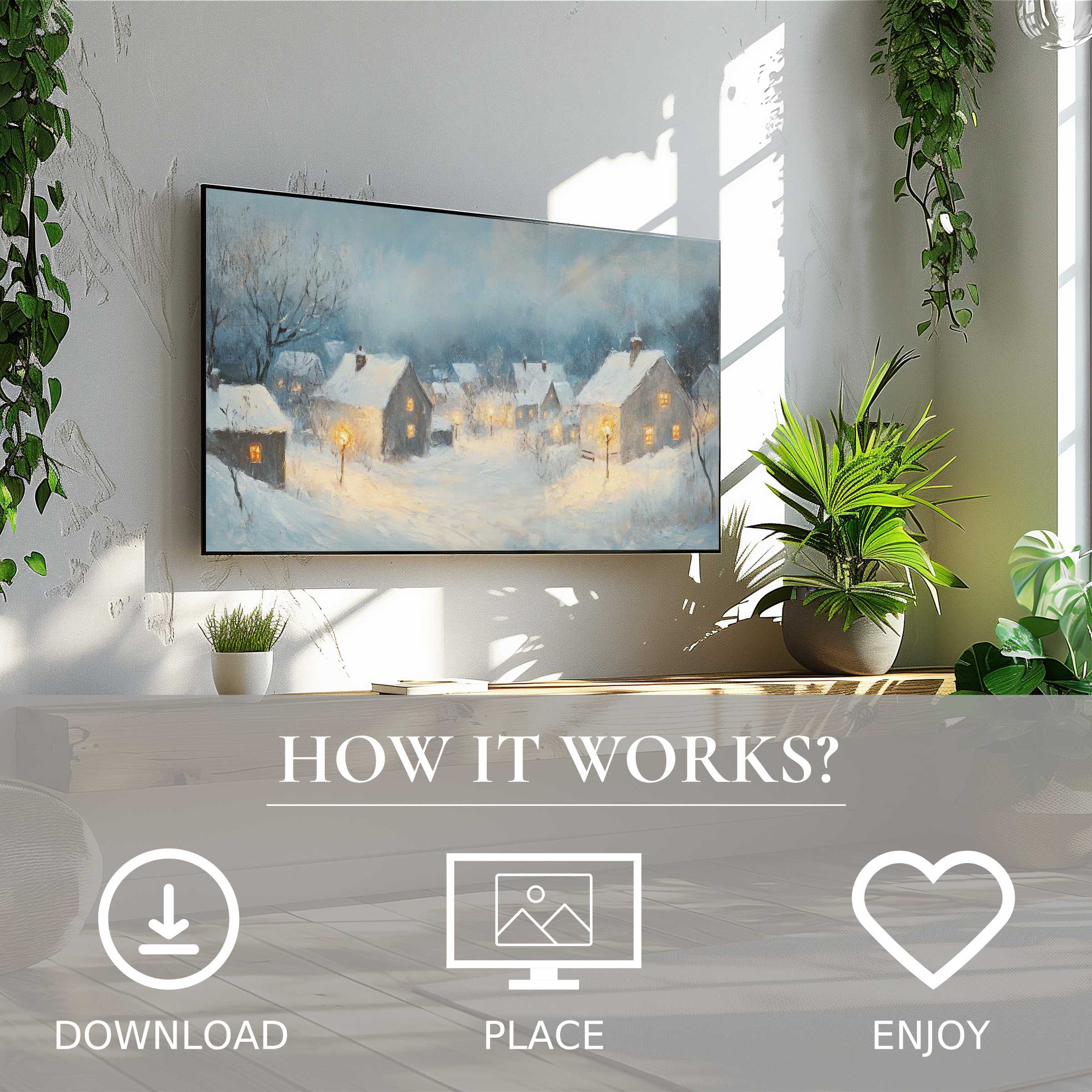 Winter art for Samsung TV shows cozy snowy village in soft blue hues, easy digital download enriches sleek modern space