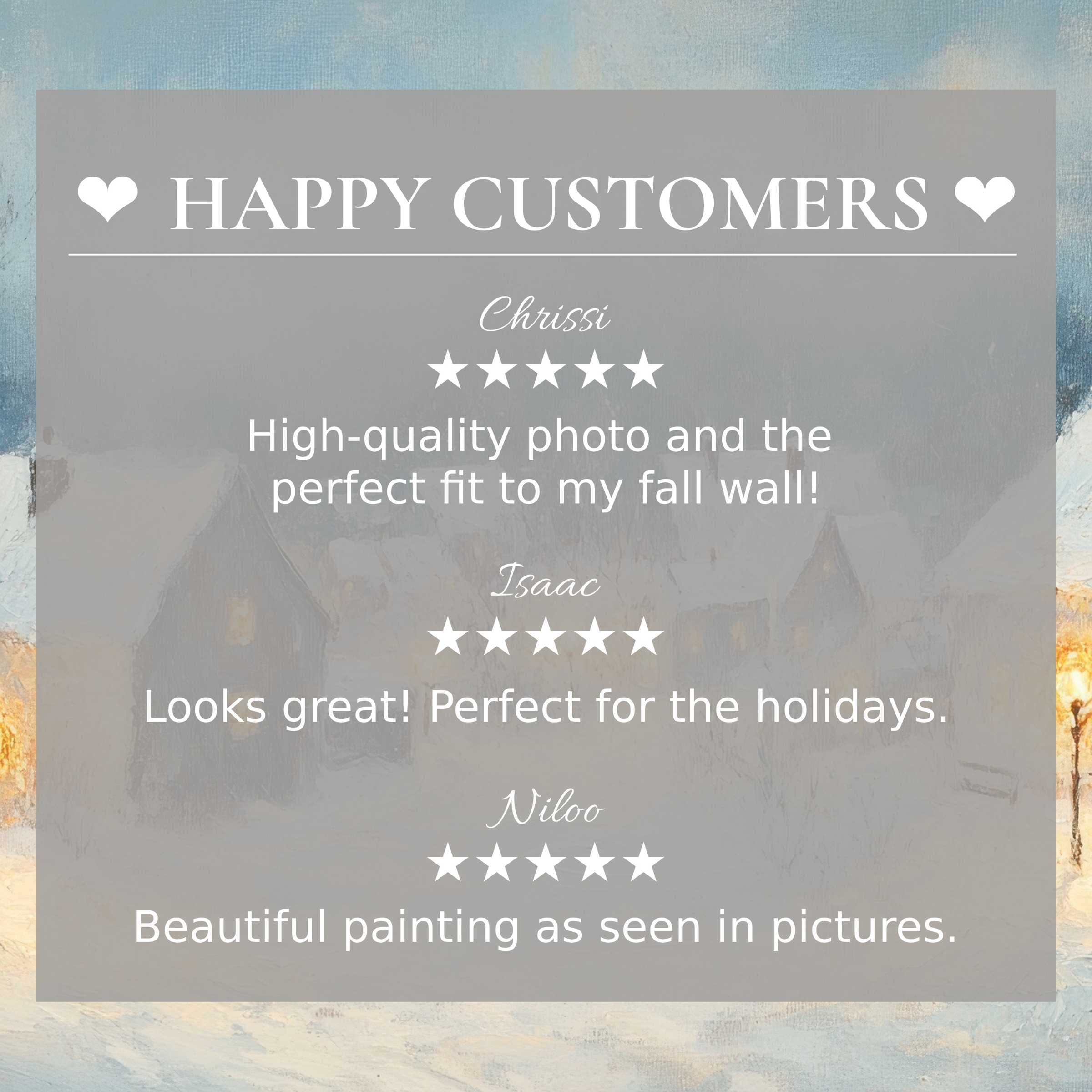 Winter art for Frame TV with subtle snowy village backdrop, highlighting happy customer reviews and refined design